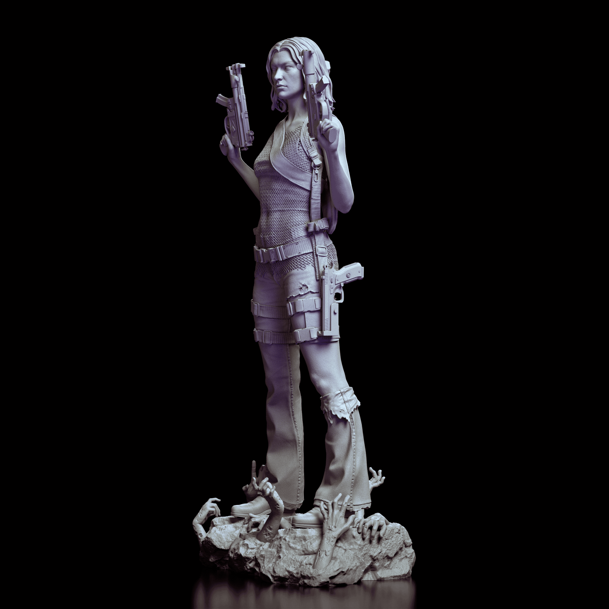 Left-side view of the Alice figure model kit highlighting her tactical gear, holstered weapons, and rugged base.