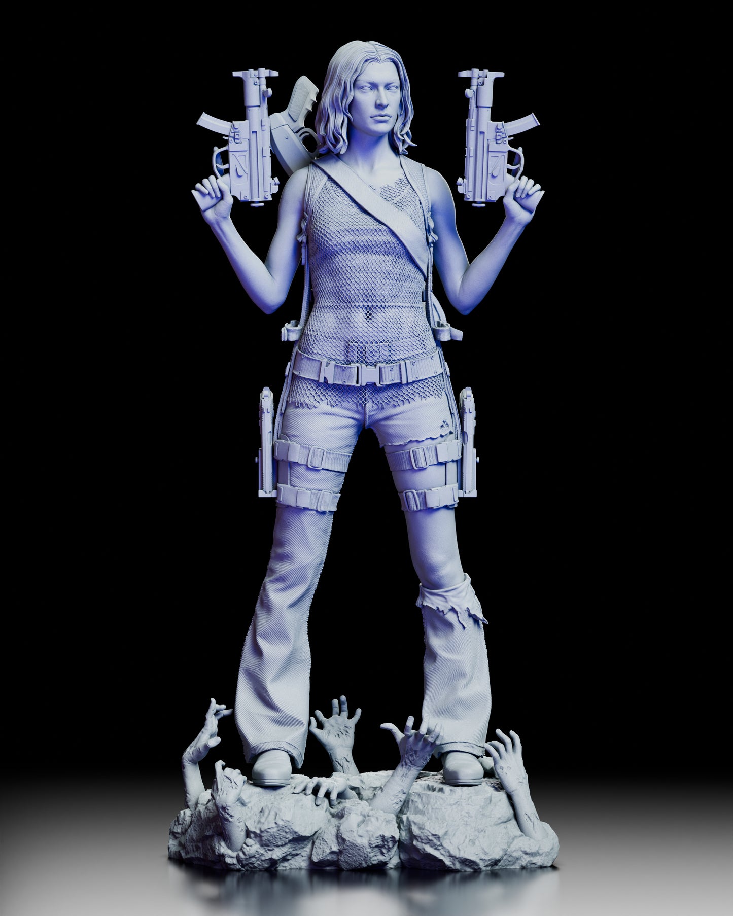 Front view of the Alice figure model kit featuring her dual-wielding submachine guns and iconic pose atop zombie hands.