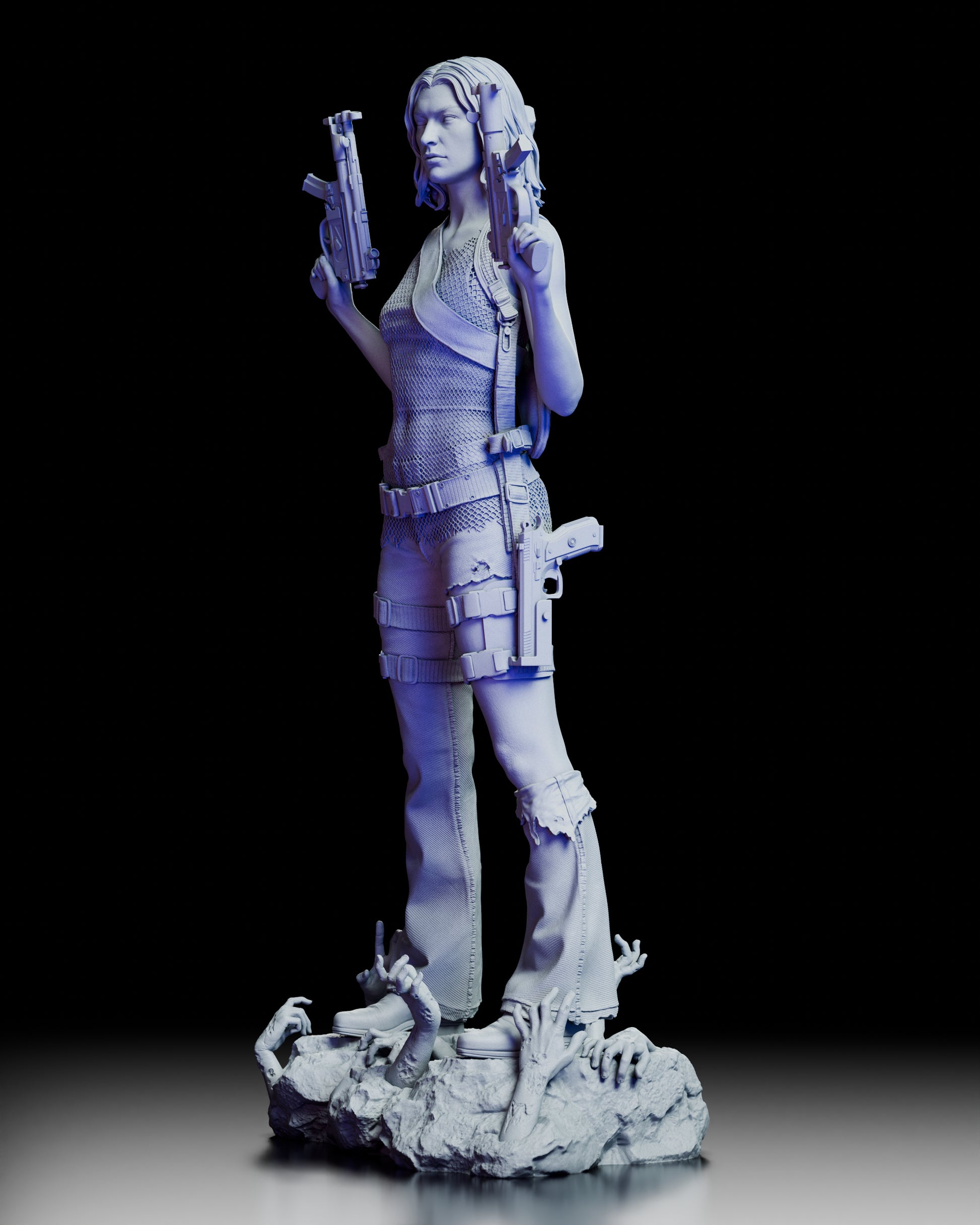 Left-side view of the Alice figure model kit highlighting her tactical gear, holstered weapons, and rugged base.