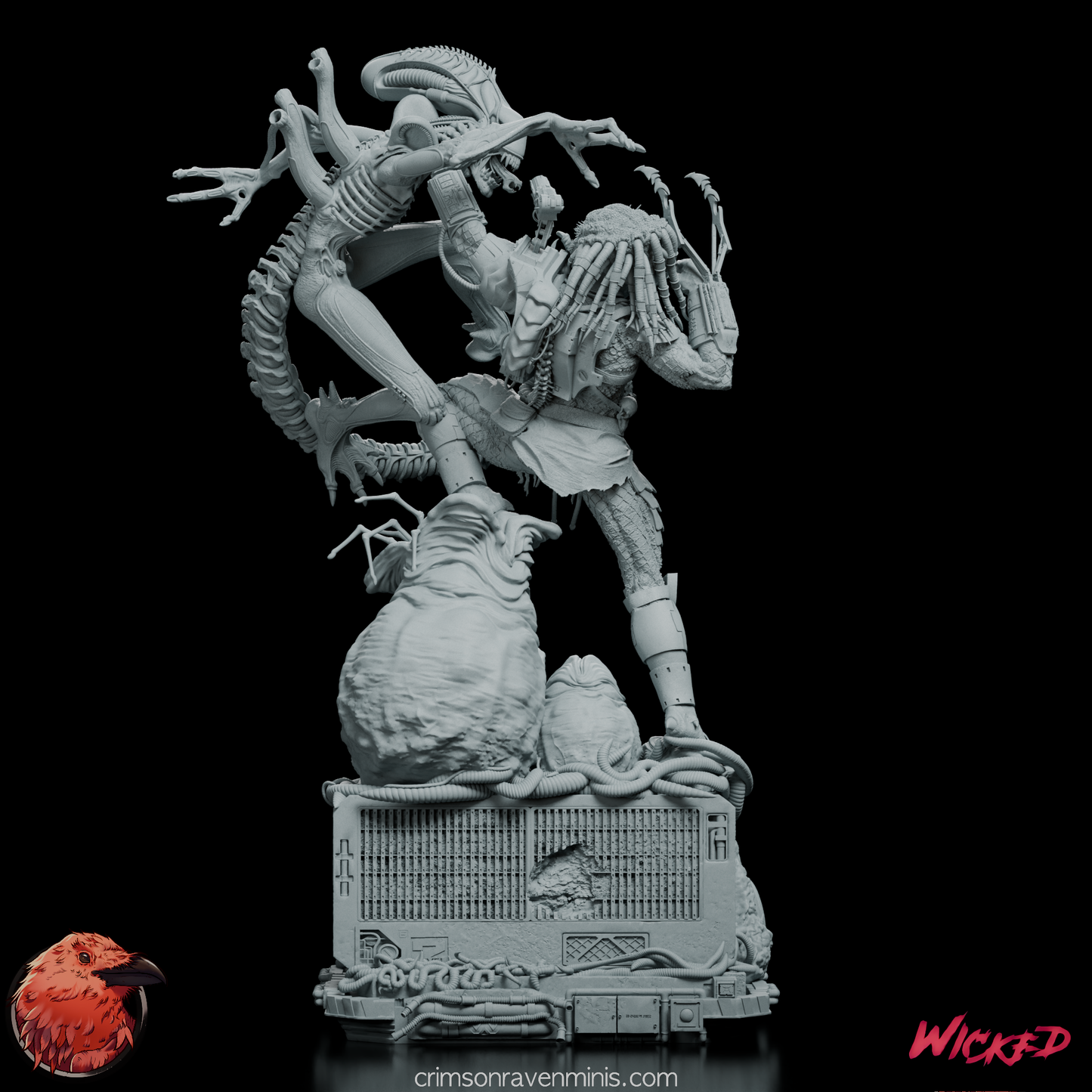 Right-angled view of Predator versus Alien battle figurine highlighting the Predator’s weaponry and Alien’s tail.