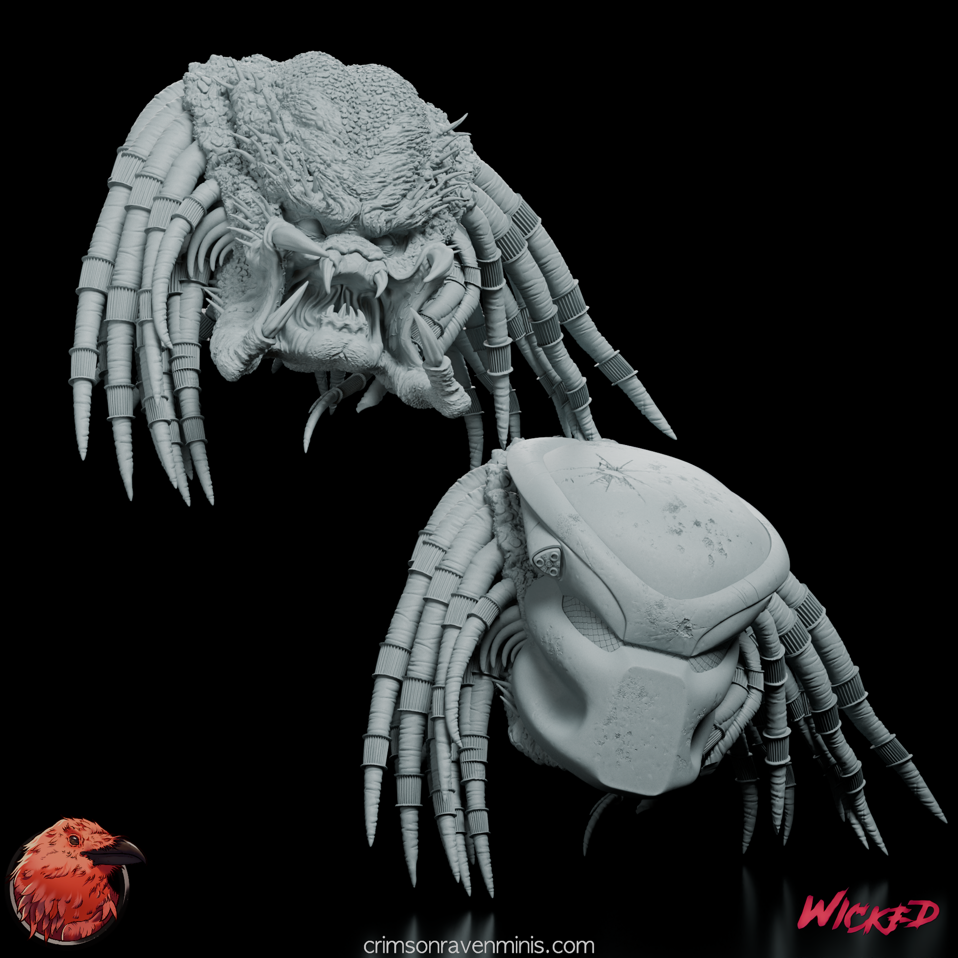 Close-up of the Predator with the unhelmeted head swap-out option in the Alien versus Predator kit.