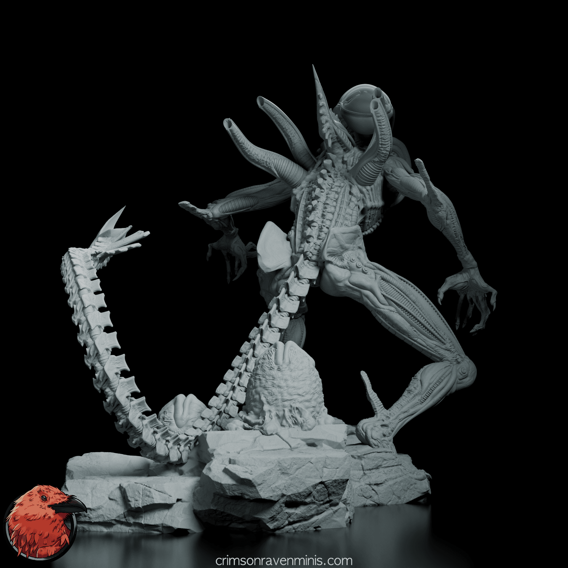 Back view of the Alien Xenomorph figure model, highlighting intricate biomechanical details and its menacing tail.