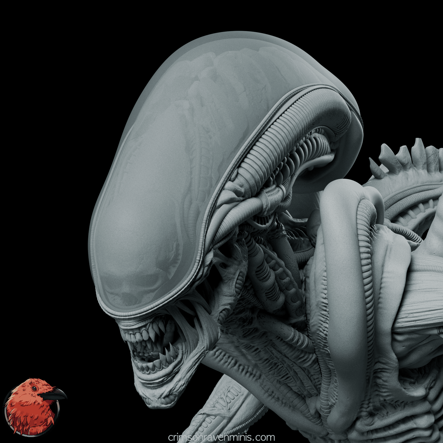 Close-up of the Alien Xenomorph figure model, showcasing its biomechanical head design, intricate textures, and sharp, menacing features.