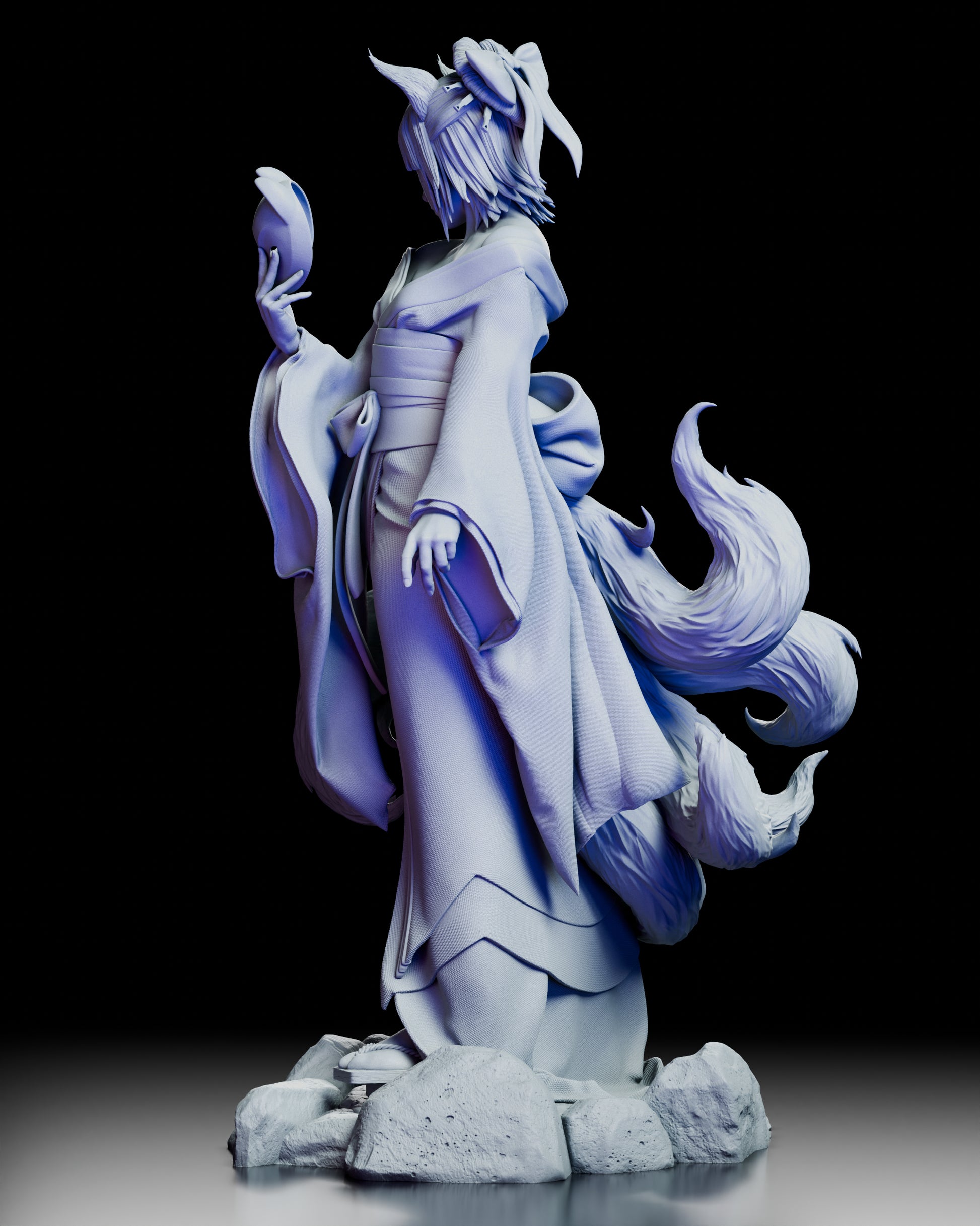 Rear view of the Amaterasu Kitsune showing the elaborate nine tails and bow detail on her kimono