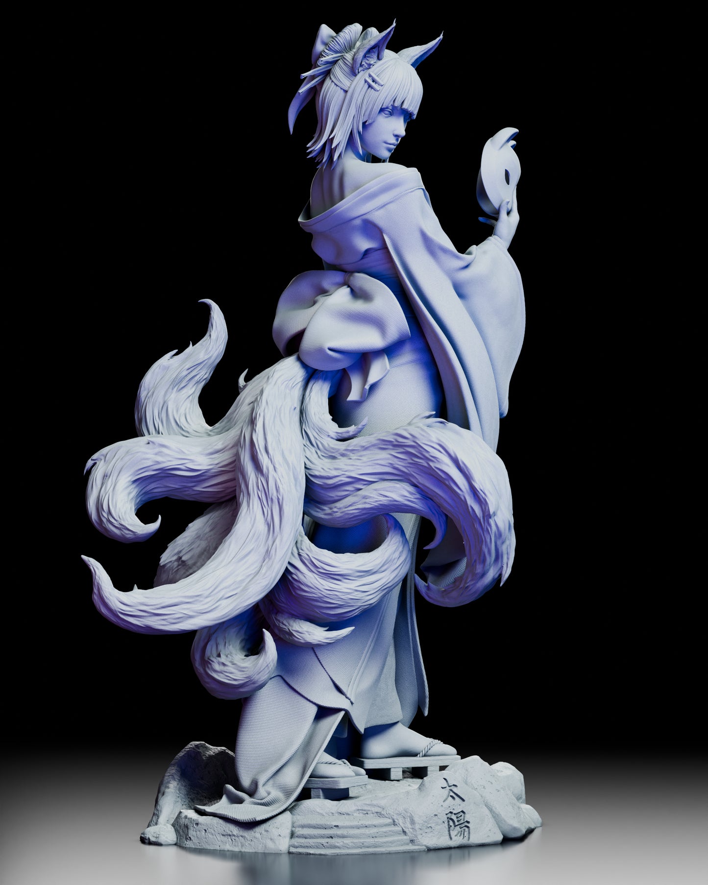 Front view of the Amaterasu Kitsune figure showing her holding a fox mask and dressed in flowing robes