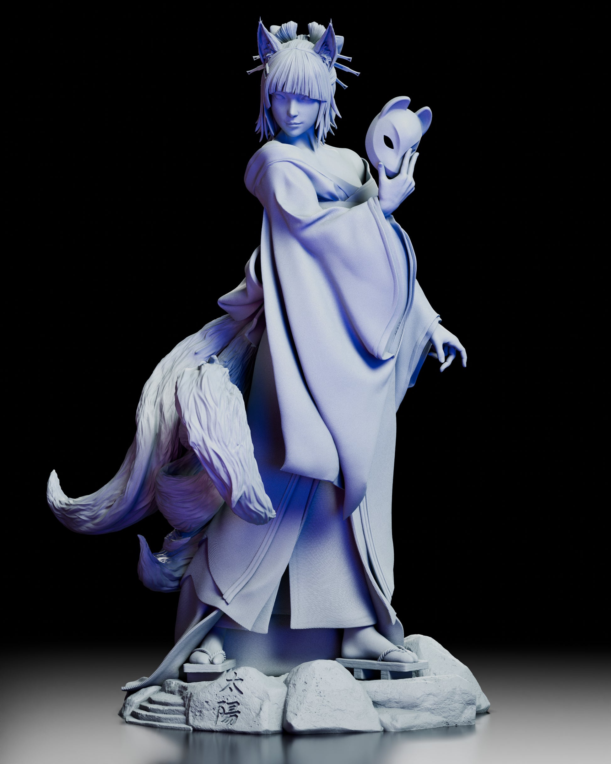 Left side view highlighting Amaterasu’s kimono folds and sculpted nine tails flowing behind her