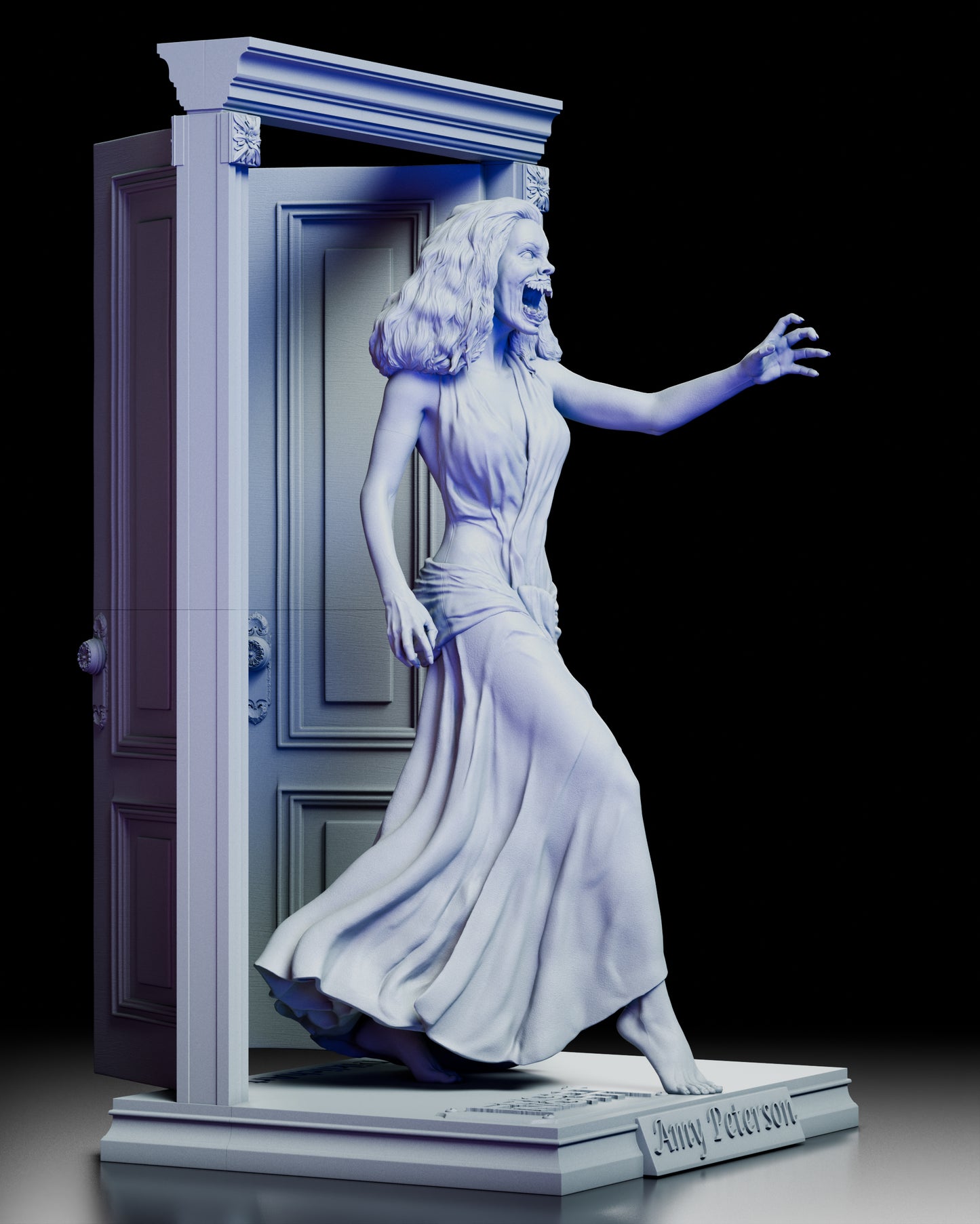 Right side view of the Amy Peterson Fright Night maquette featuring the dynamic pose, sculpted gown, and open doorway details.