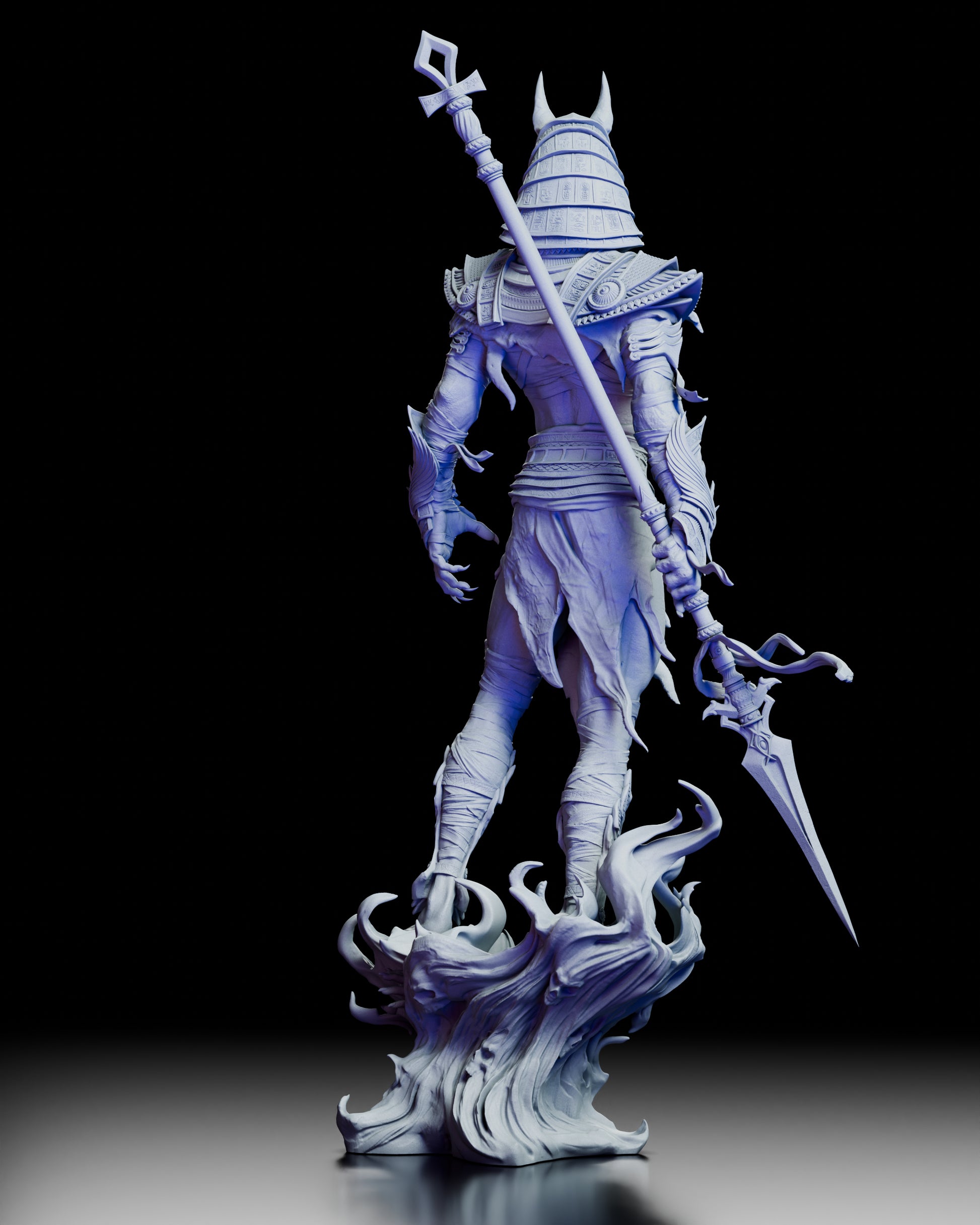 Rear view of Anubis, Keeper of Souls showing intricate back armor and flowing spectral base design
