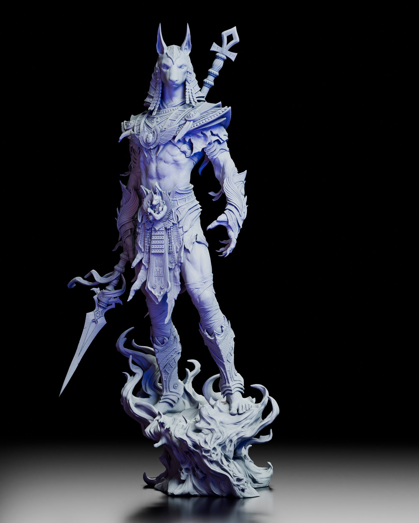 Front view of Anubis, Keeper of Souls resin figure kit sculpted by CA3D Art, featuring detailed armor and spectral base