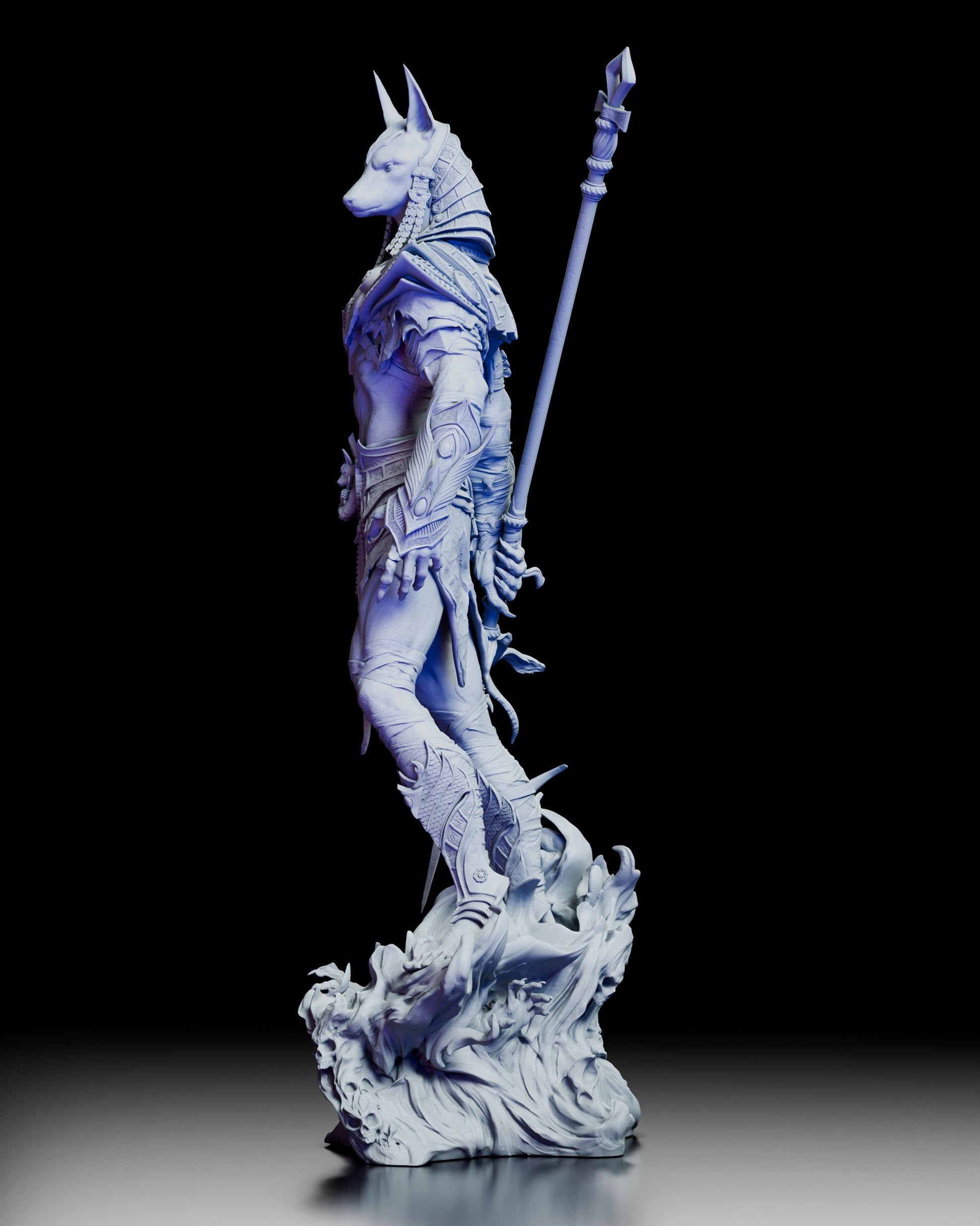 Left profile of Anubis, Keeper of Souls resin kit highlighting staff, armor detail, and sculpted anatomy