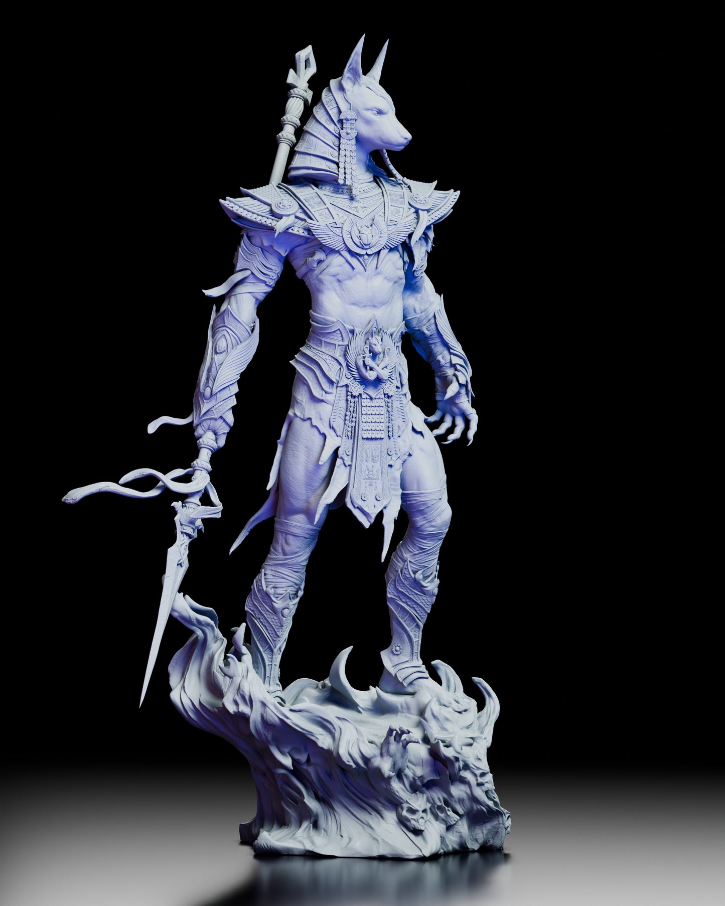Right profile of Anubis, Keeper of Souls figure showing ornate weapon, divine stance, and sculpted resin textures