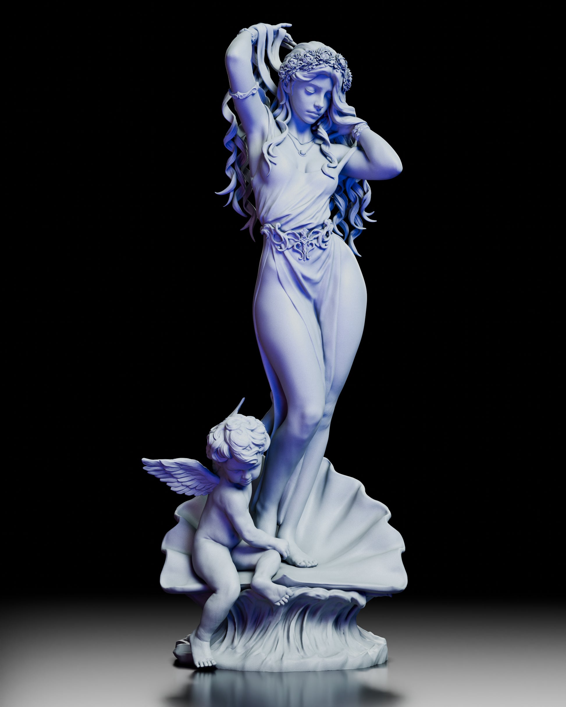 Front view of Aphrodite, Born of the Sea resin figure kit sculpted by CA3D Art, showing the goddess rising from a shell with cherub companion