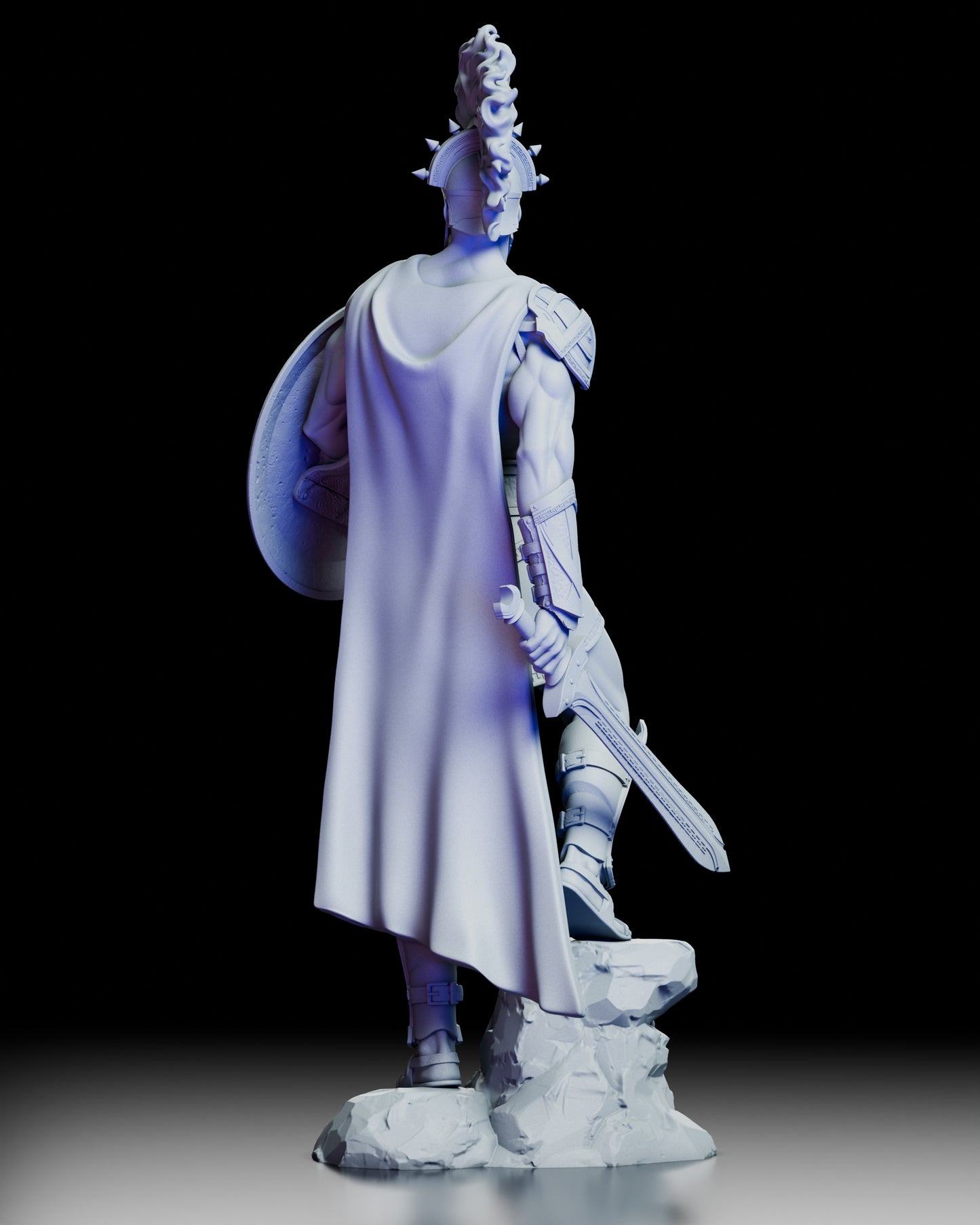 Rear view of Ares, The Warbringer showing flowing cape, detailed armor, and dynamic sculpted stance