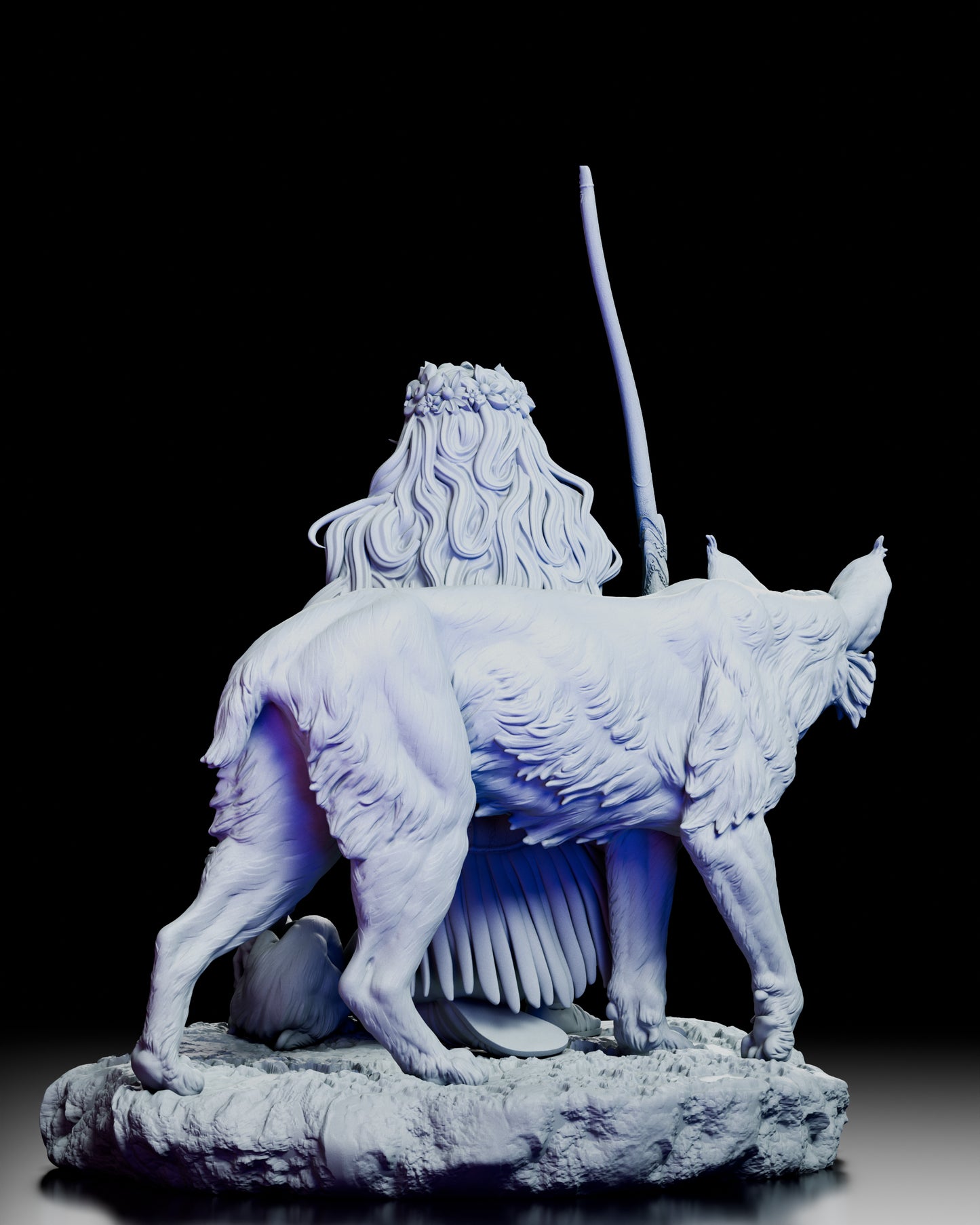 Rear view of Artemis resin figure showing flowing hair, bow, and lynx companion on rocky base