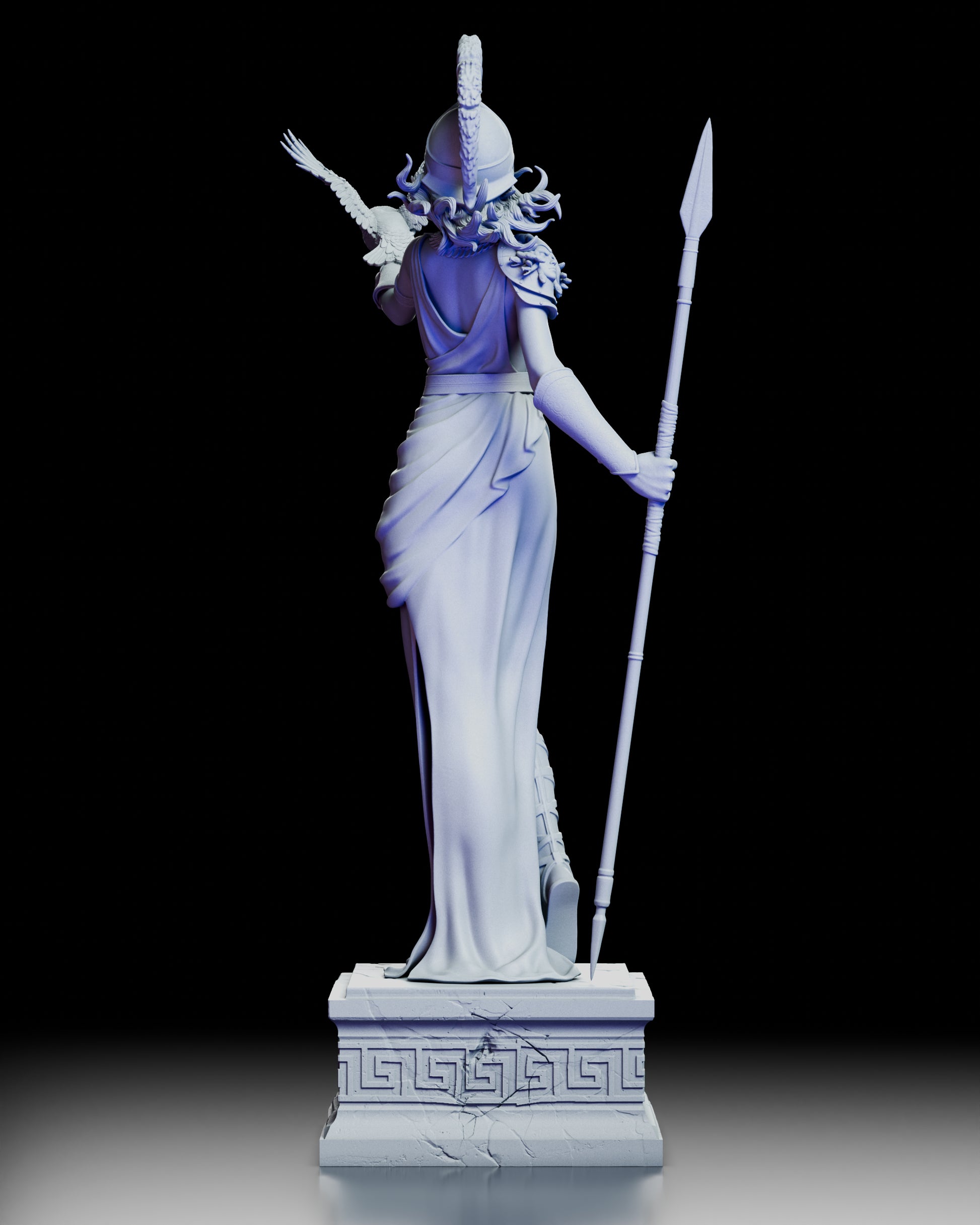 Rear view of Athena Keeper of Wisdom showing helmet plume and sculpted marble pedestal