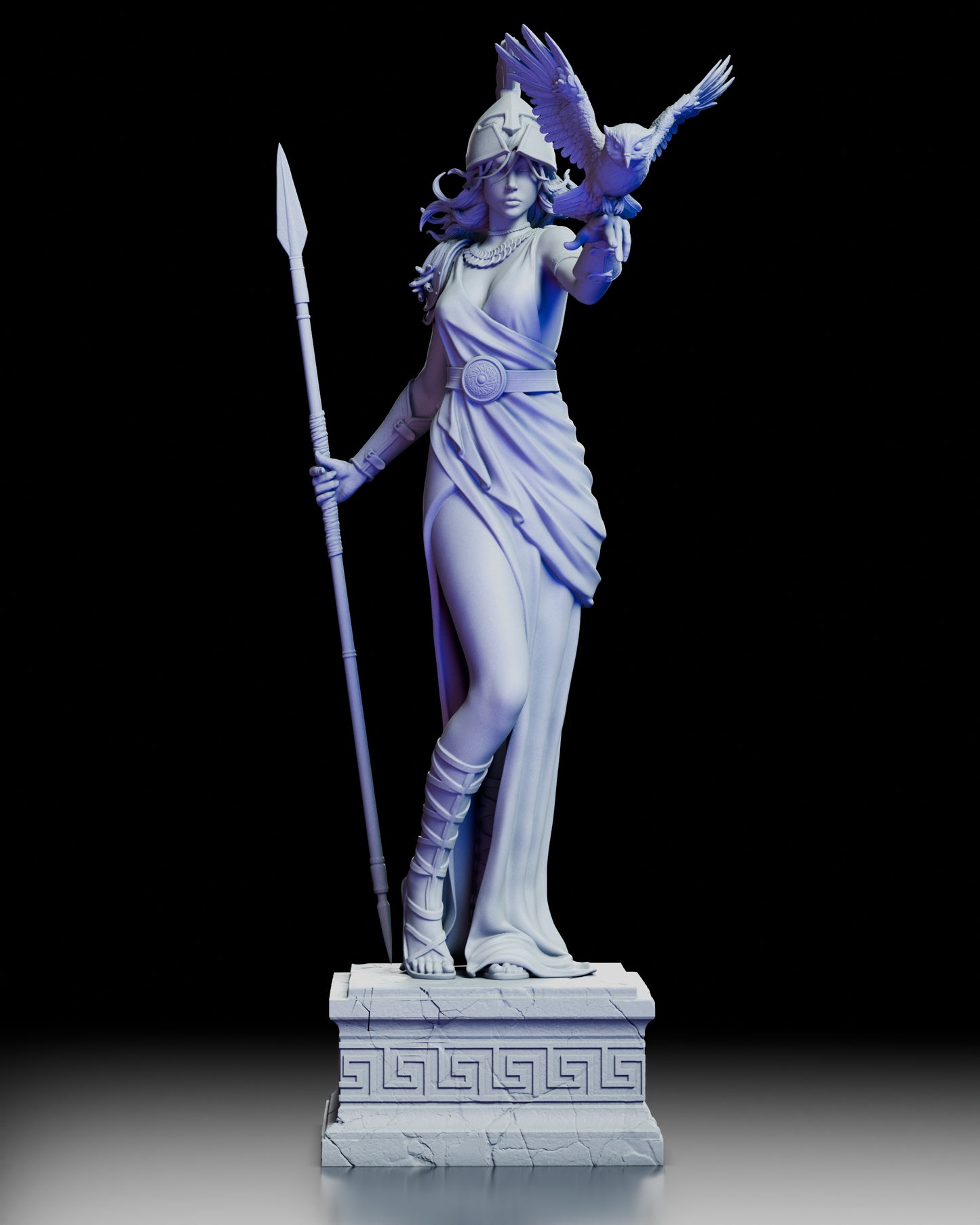 Front view of Athena Keeper of Wisdom figure kit holding a spear with owl perched on her arm
