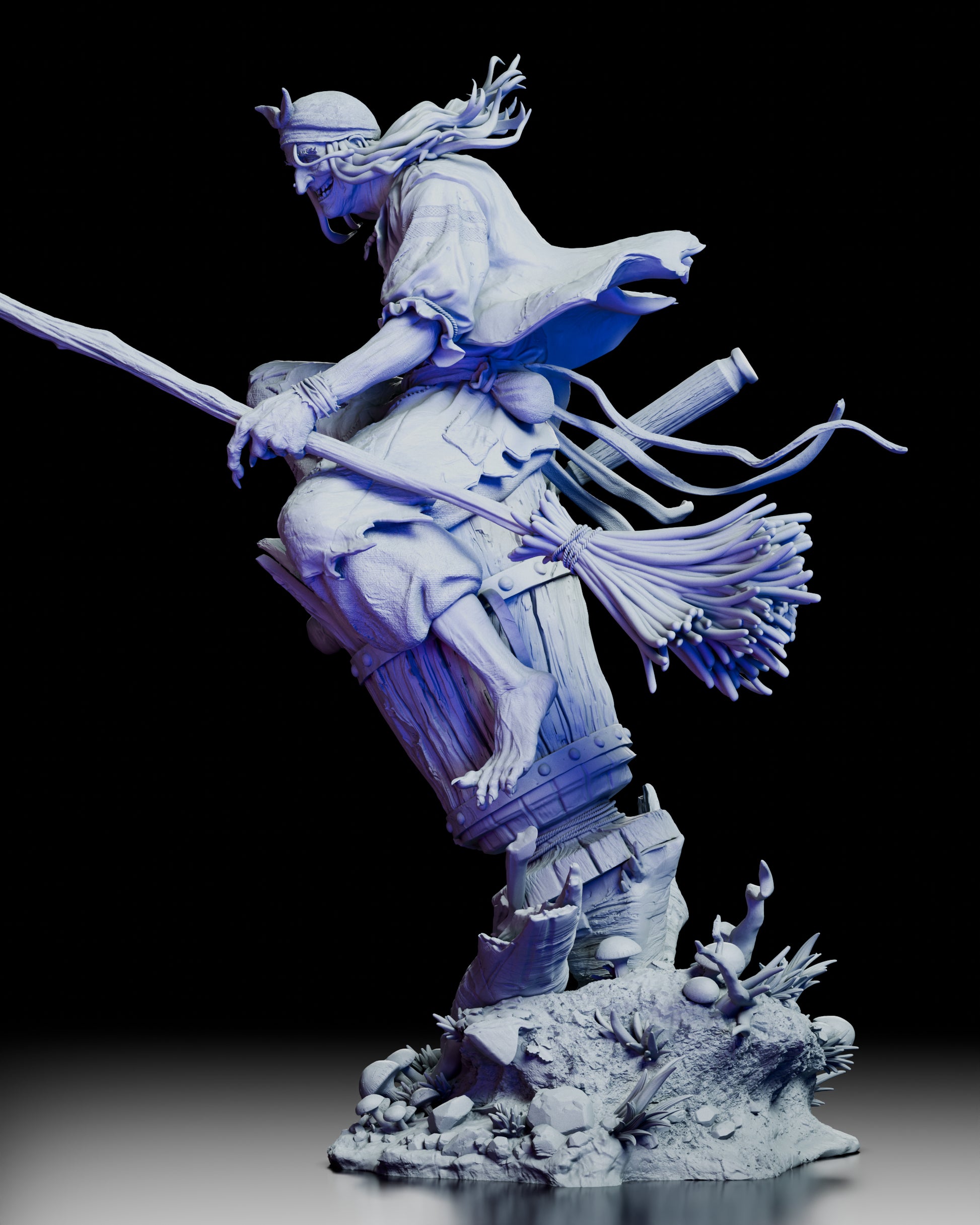 Left side view of the Baba Yaga resin figure highlighting the broom, pestle, and fluid motion of her robes