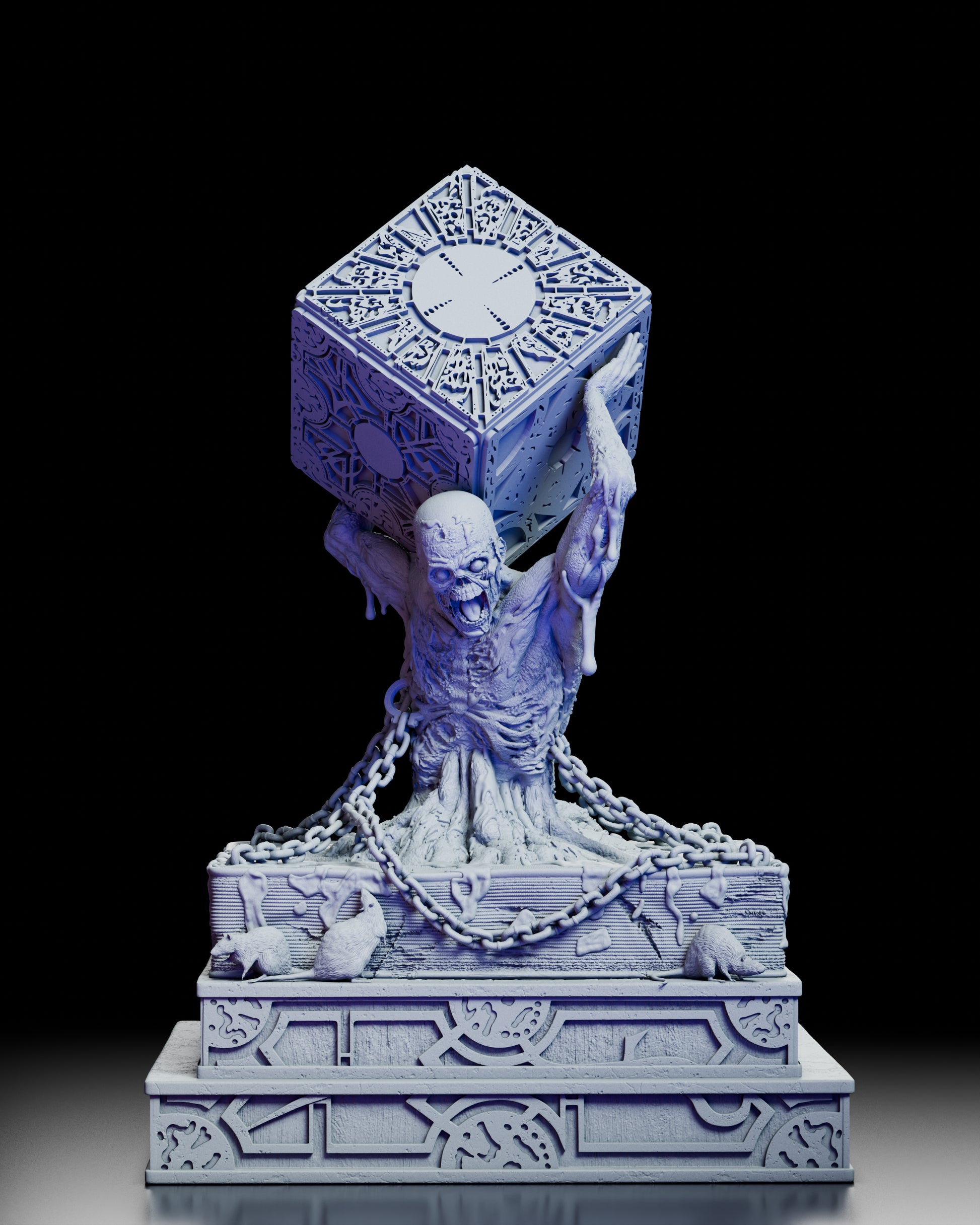 Front view of the Bearer of the Lament resin figure holding the Lament Configuration cube with chains and detailed base.
