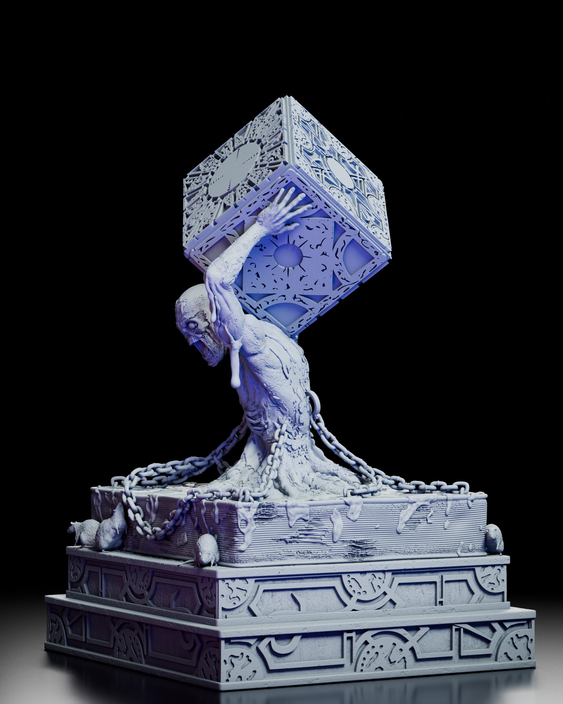 Left side angle of the Bearer of the Lament resin figure highlighting the cube, skeletal features, and dripping textures.
