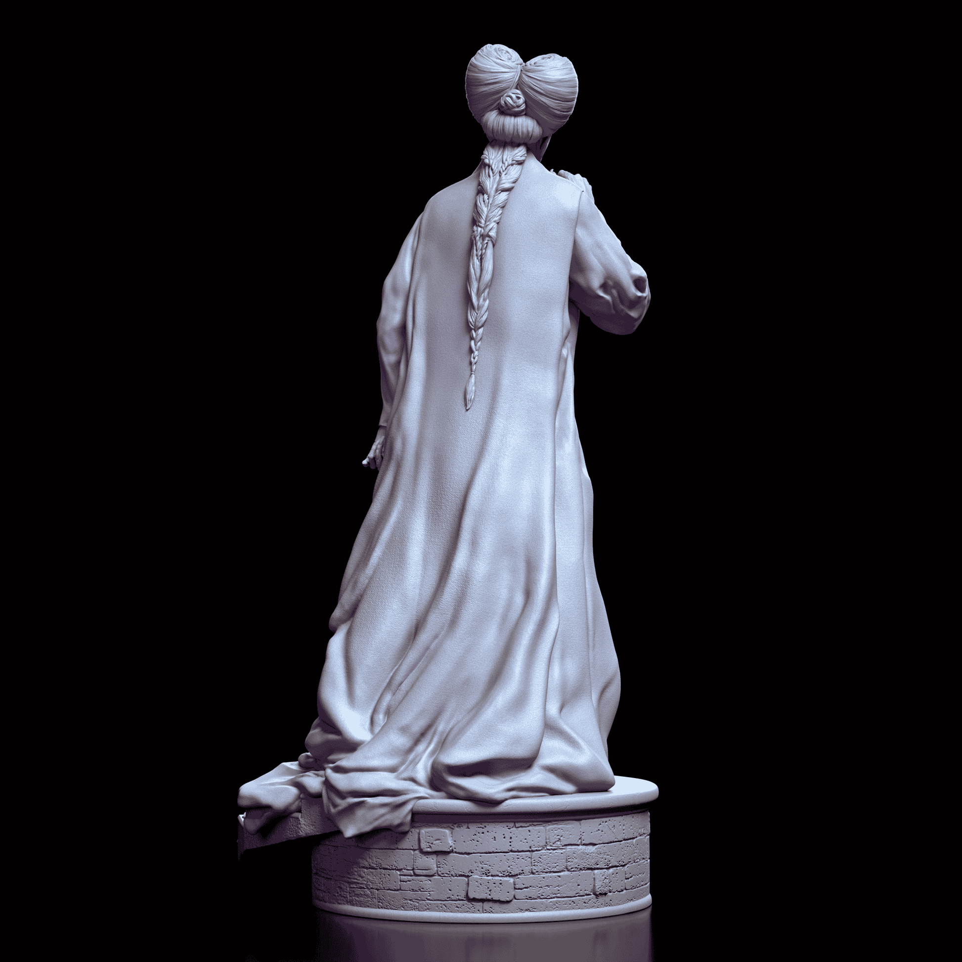 Back view of Dracula maquette showing detailed braid and flowing robe on brick platform
