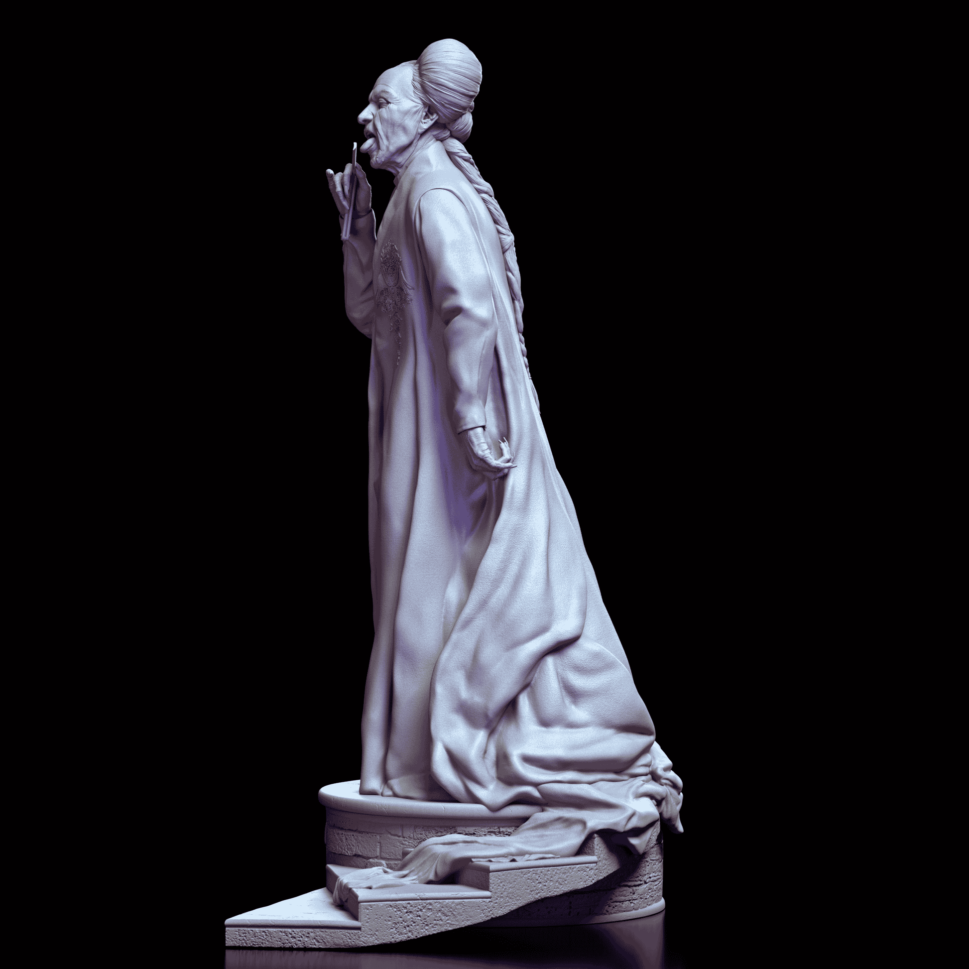 Left side profile of Dracula figure revealing dramatic sleeve folds and sculpted expression