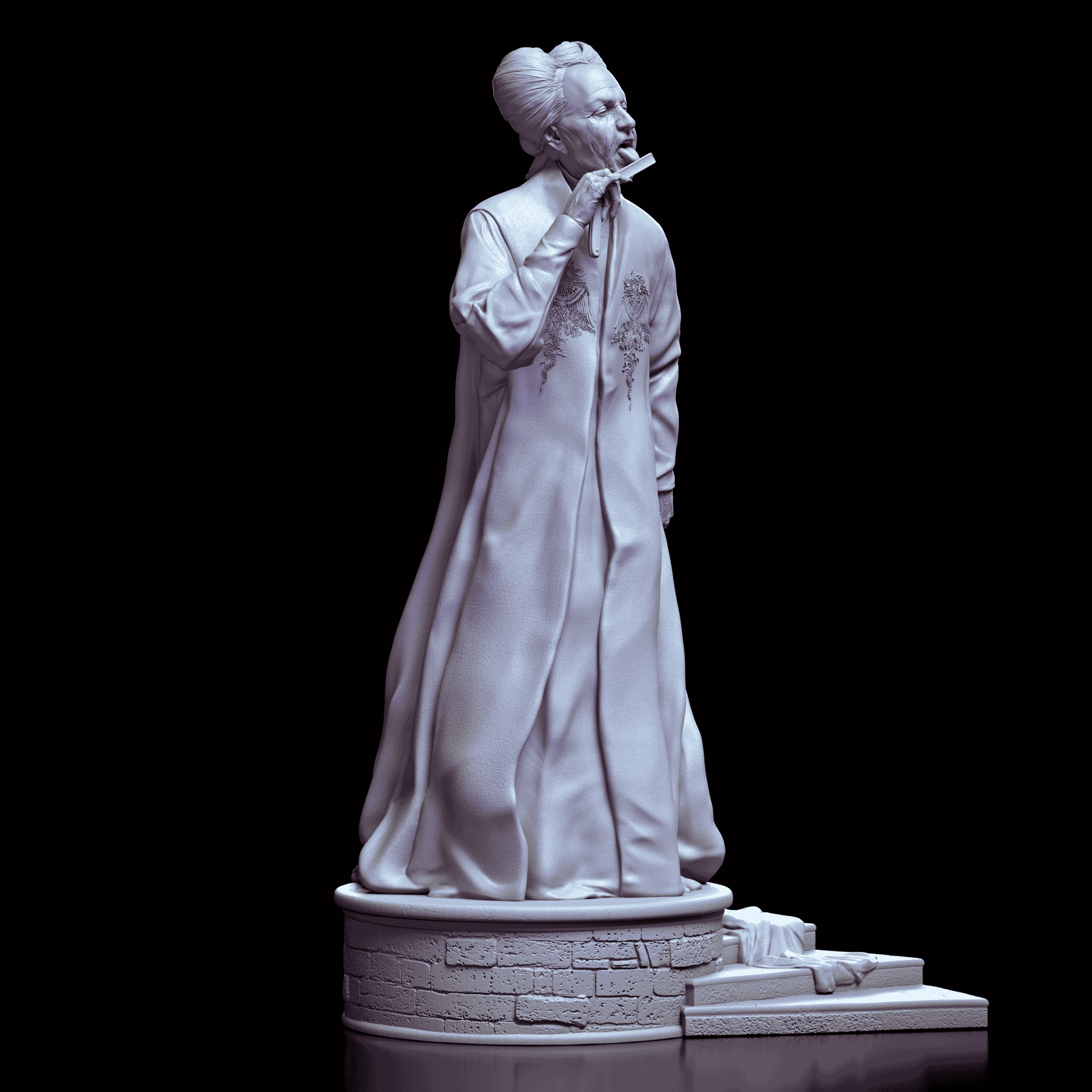 Right side of Dracula maquette with flowing fabric trailing down the sculpted stone steps