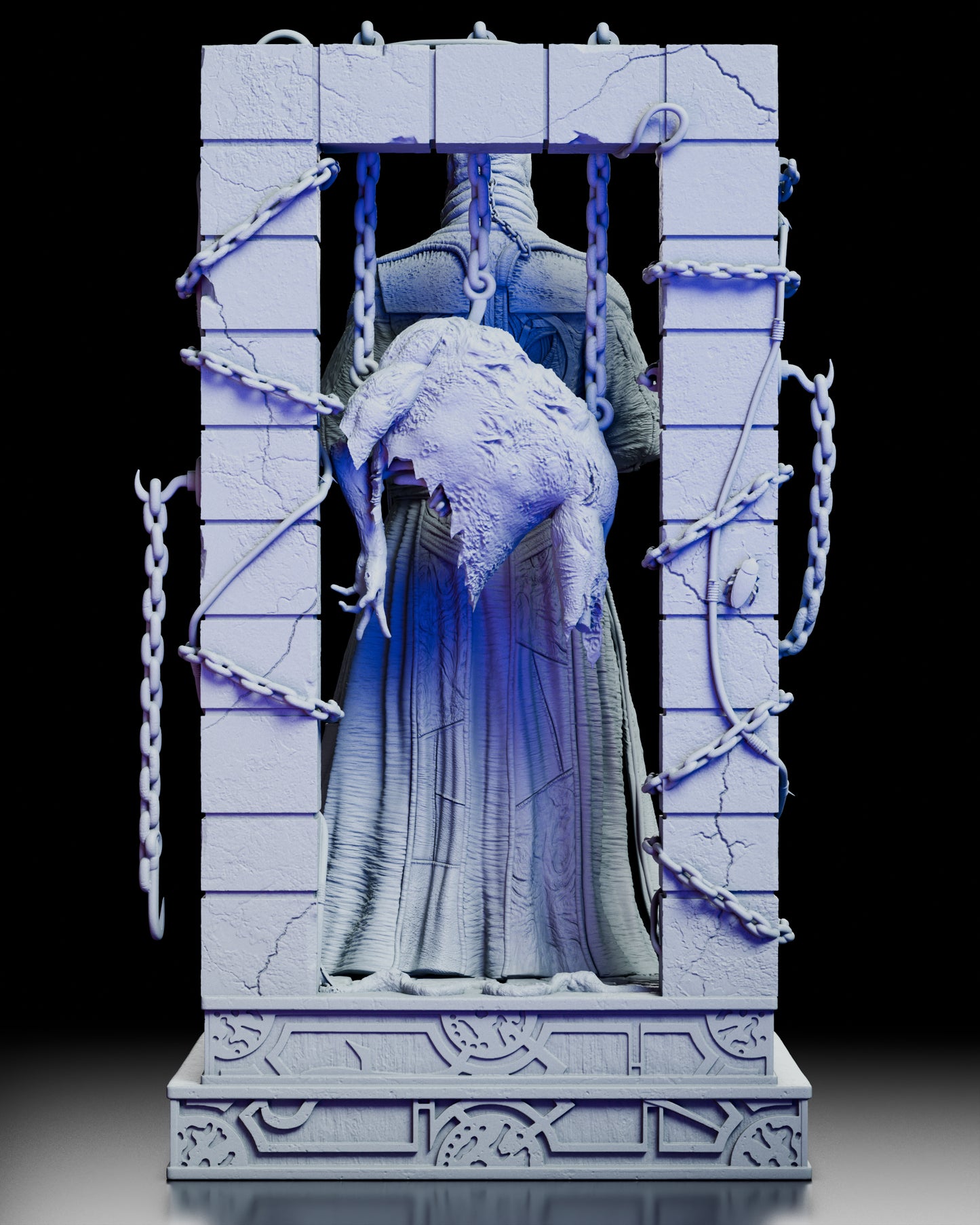 Back view of the Butterball Cenobite figure kit showing the stone frame, hanging chains, and suspended flayed body.