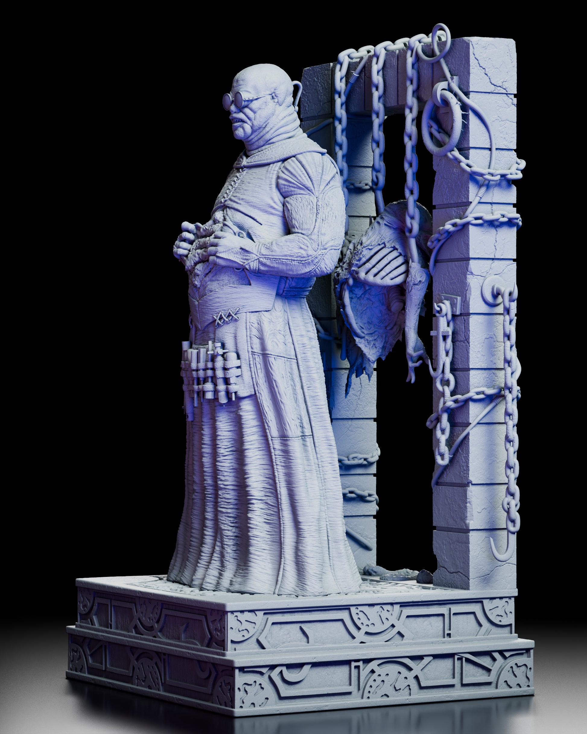 Left side view of the Butterball Cenobite figure kit displaying sculpted textures, chains, and the flayed body behind the figure.