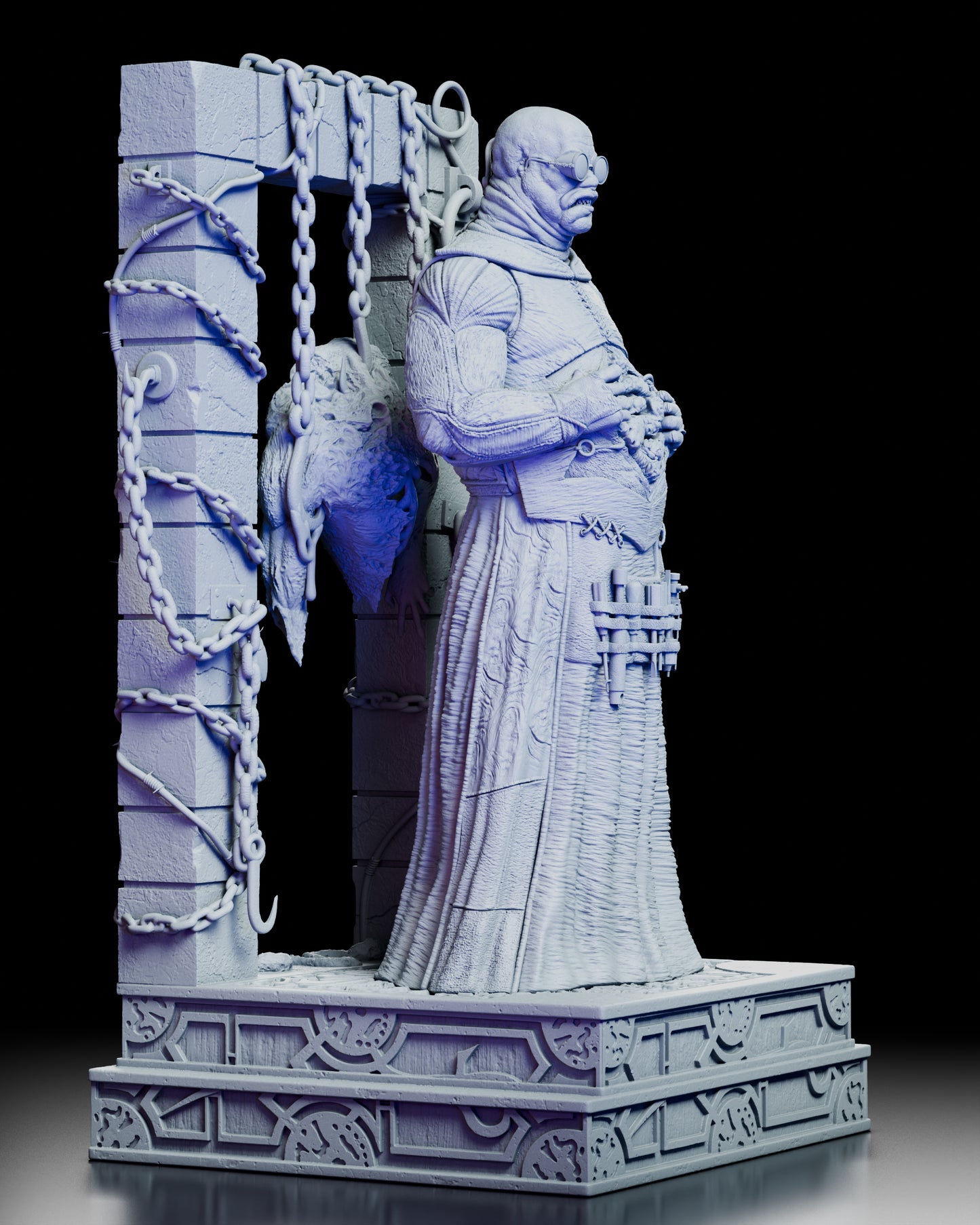 Right side view of the Butterball Cenobite figure kit highlighting the detailed robes, hooks, chains, and anatomical sculpting.
