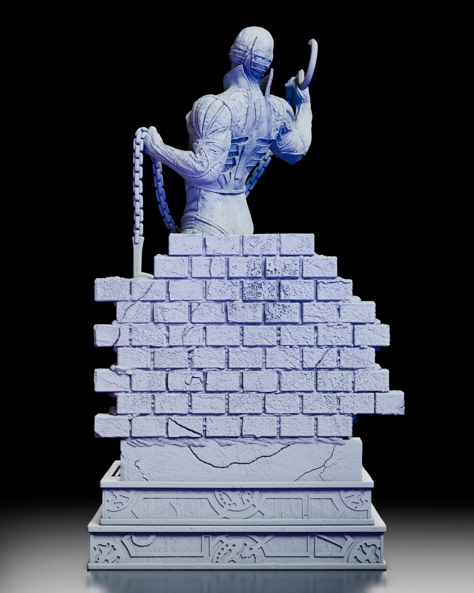 Rear view of the Chatterer figure kit showing muscular exposed anatomy, chained hooks, and a damaged brick wall backdrop.