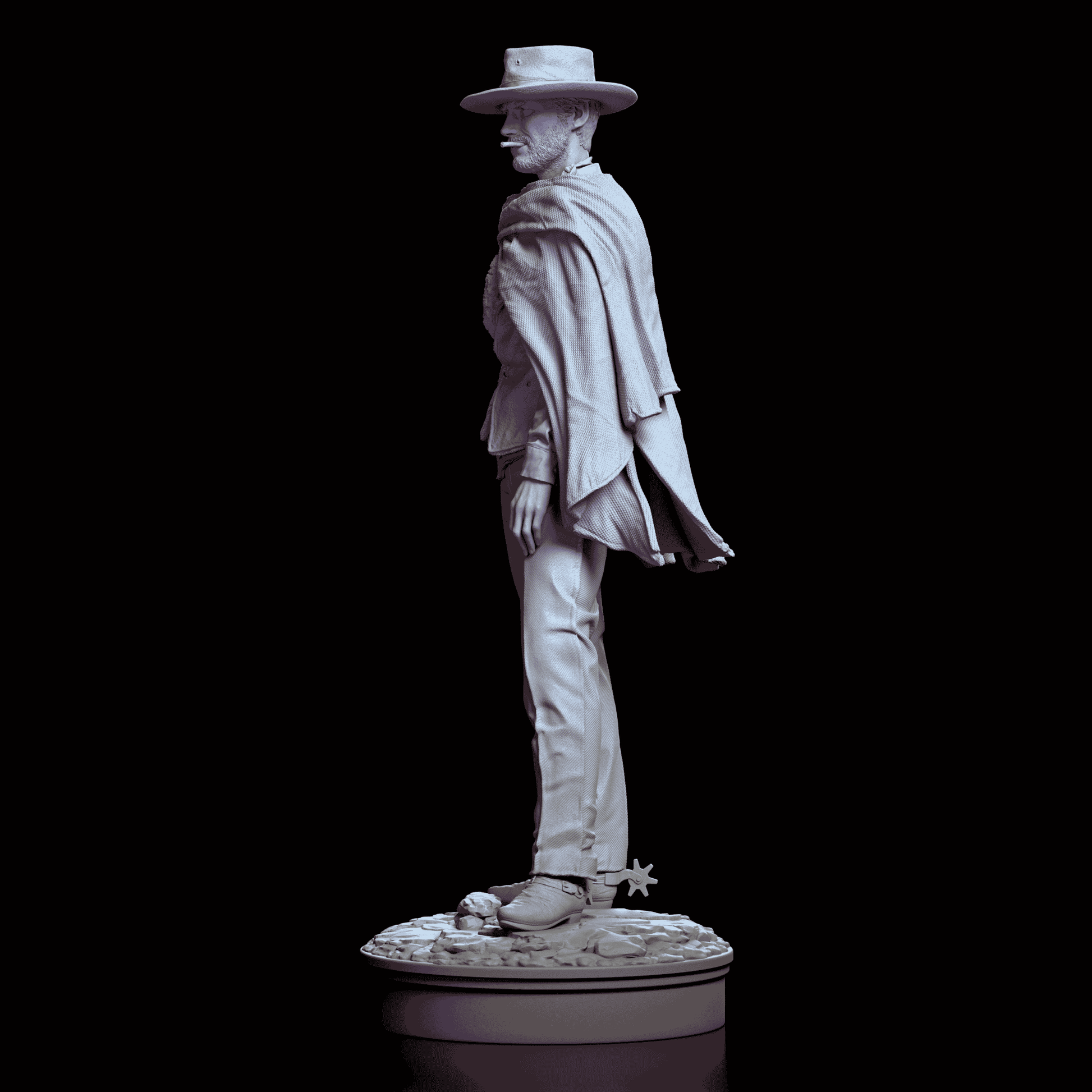 Left side view of the Clint Eastwood figure model kit, highlighting the intricate sculpting of his stance and Western attire.