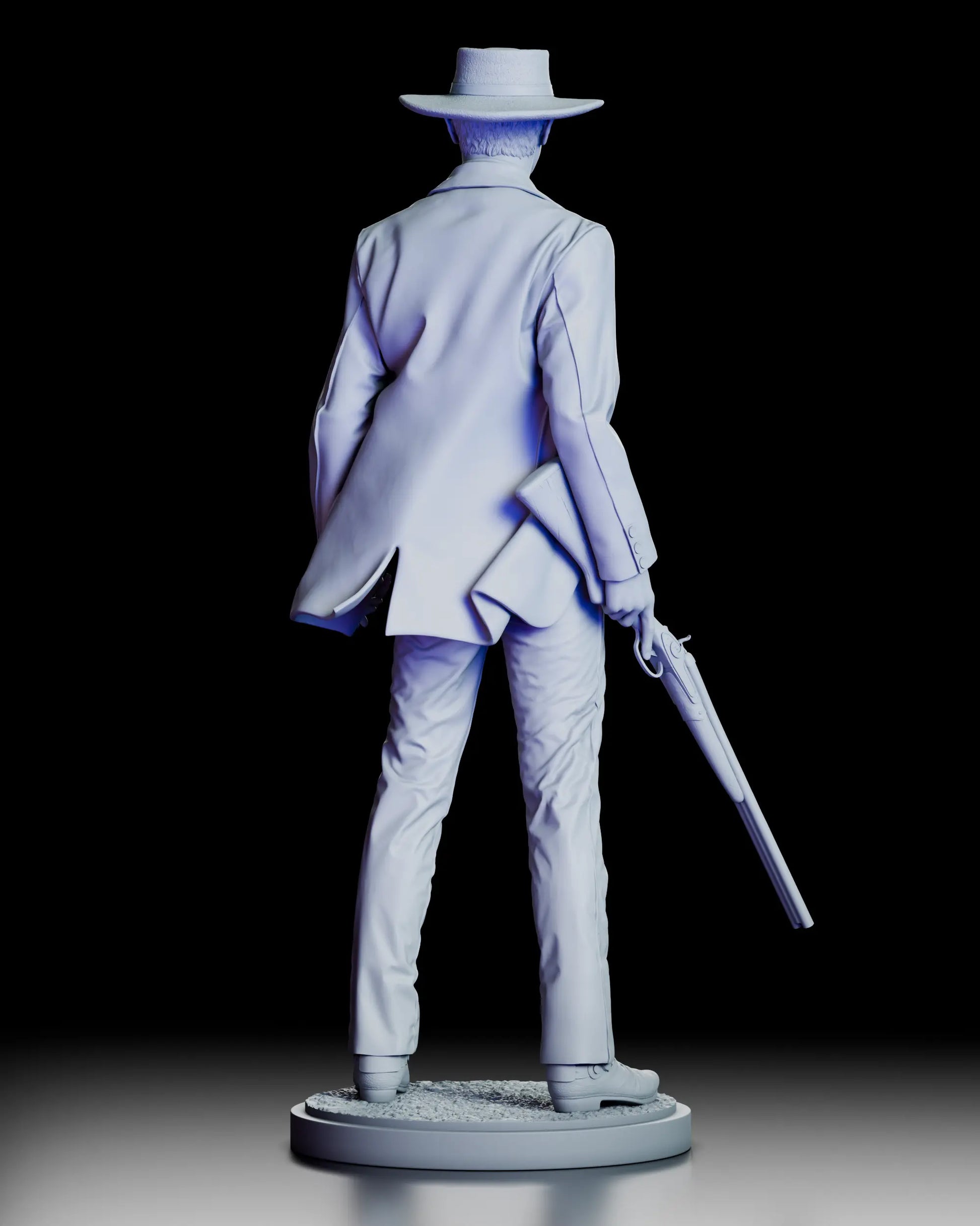 Rear view of Colonel Douglas Mortimer western bounty hunter figure model kit showing coat folds, rifle, and holstered revolver