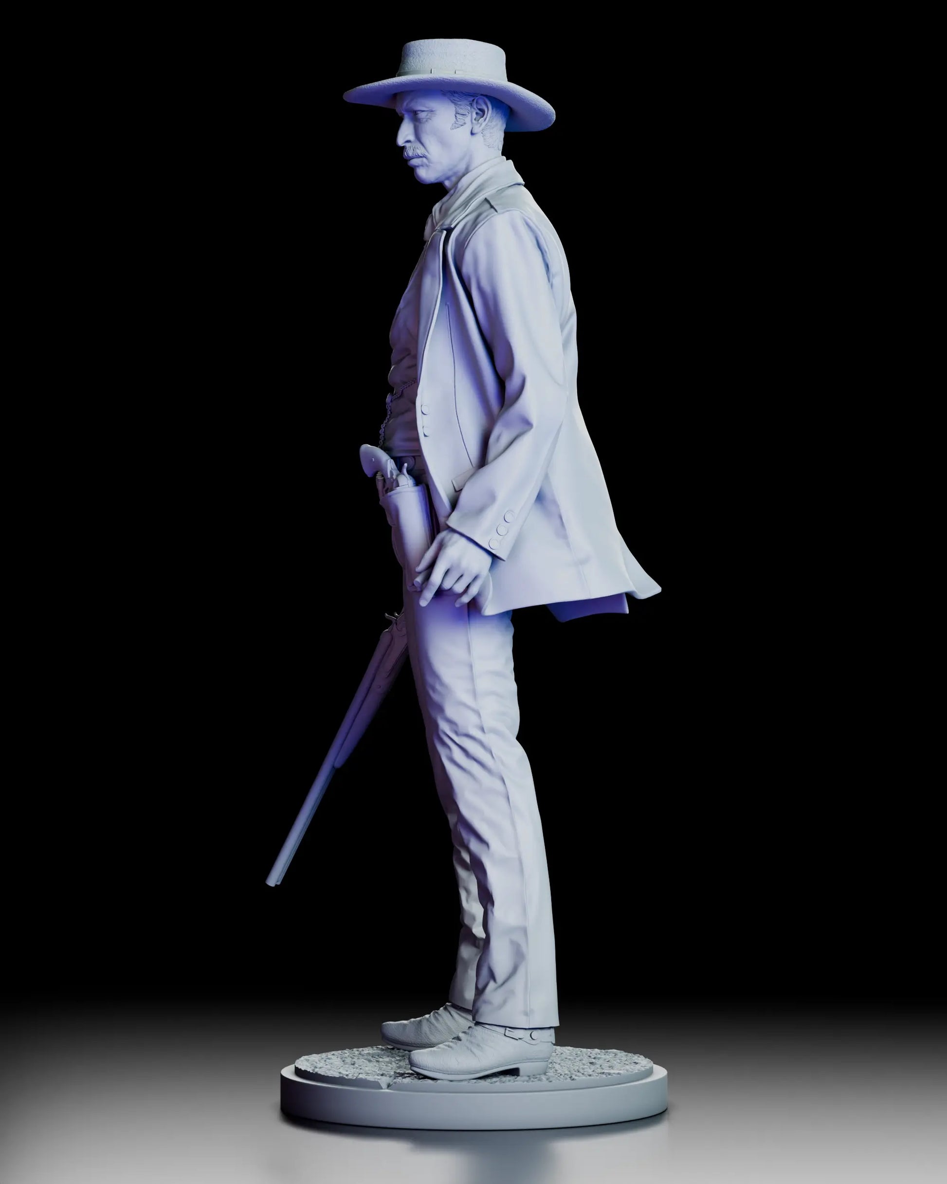 Left profile view of Colonel Douglas Mortimer western gunslinger figure model kit standing with rifle at his side