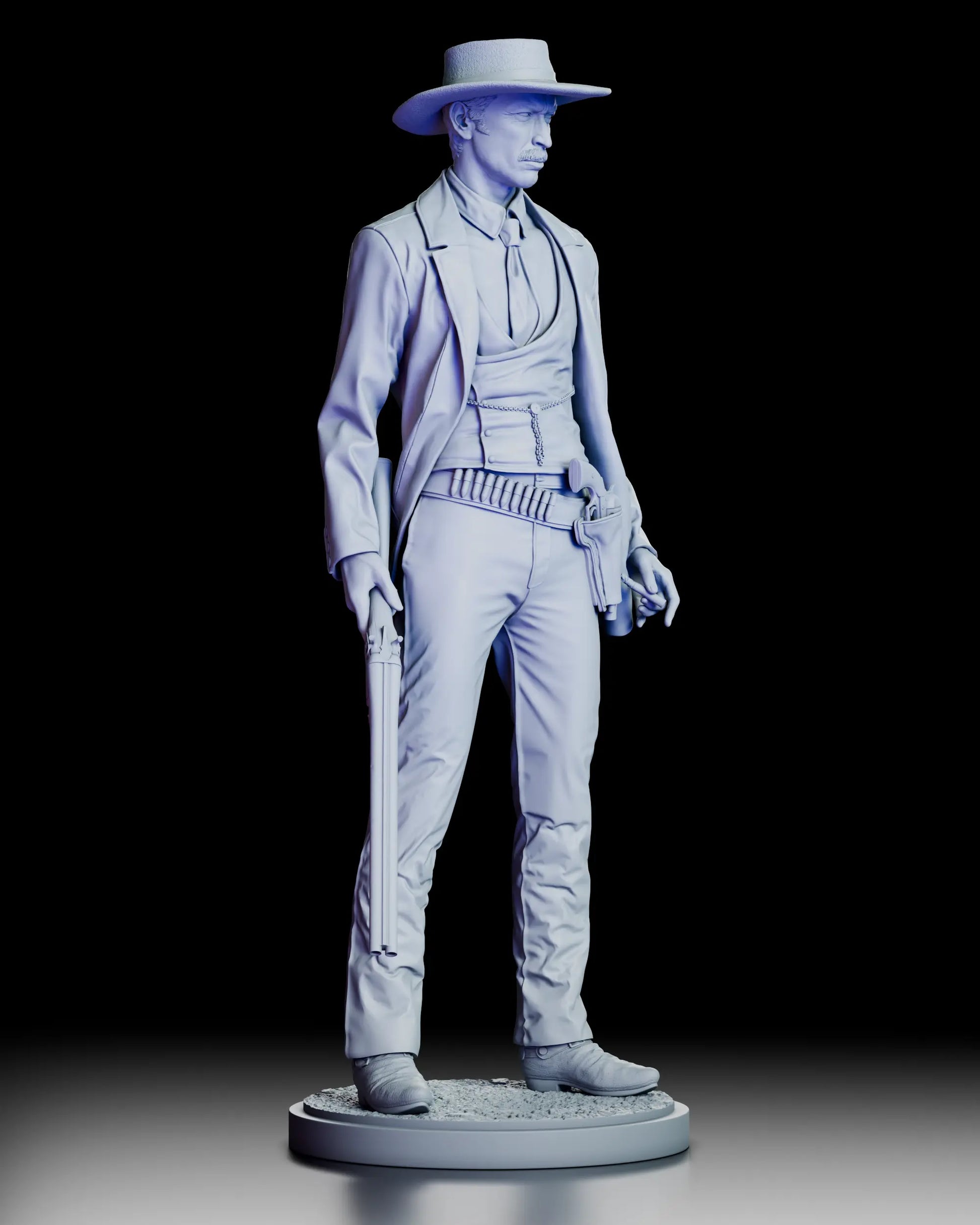 Right profile view of Colonel Douglas Mortimer western bounty hunter figure model kit displaying holster, ammunition belt, and coat details