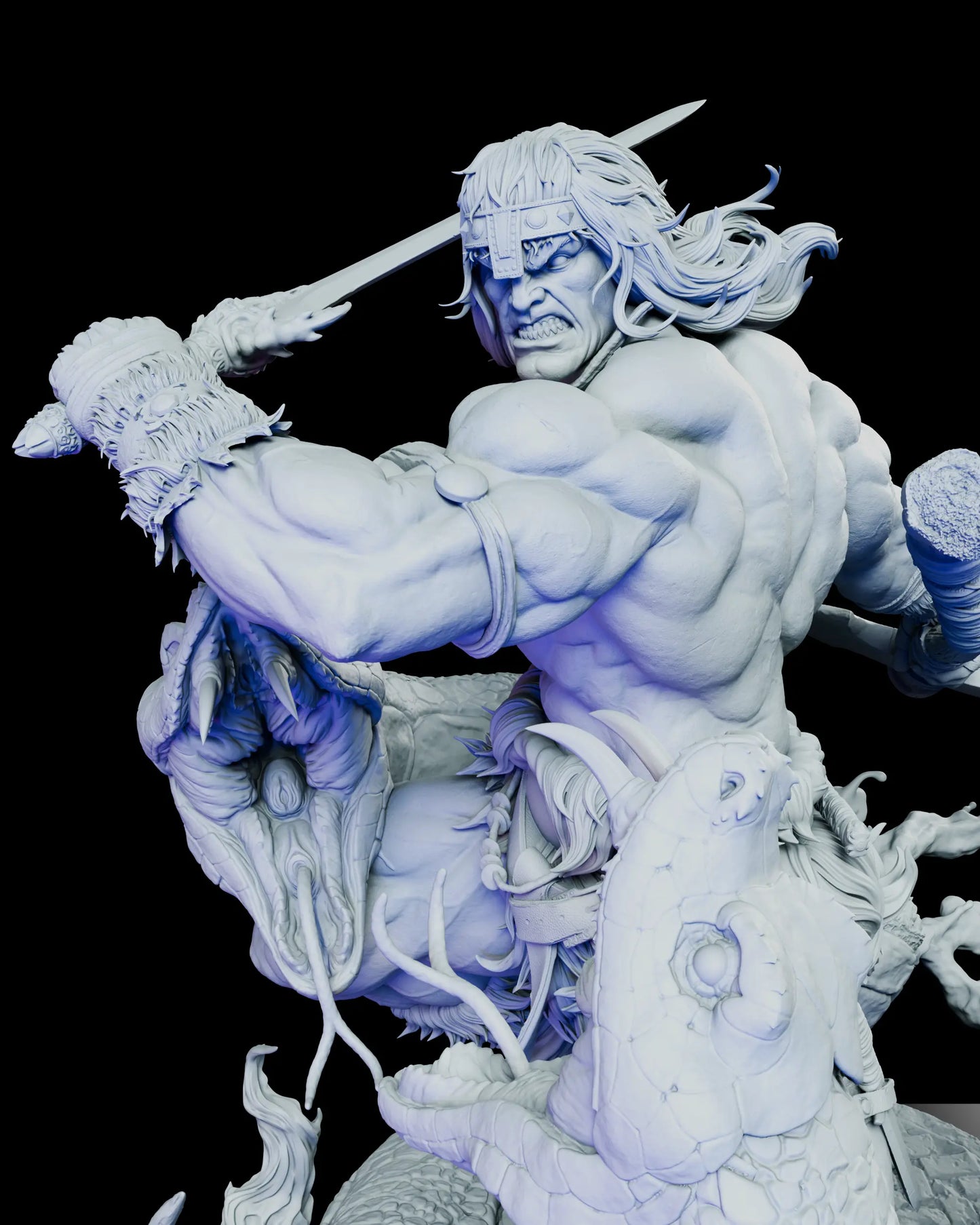 Right side view of Conan the Barbarian figure model highlighting serpent heads and layered battlefield base textures
