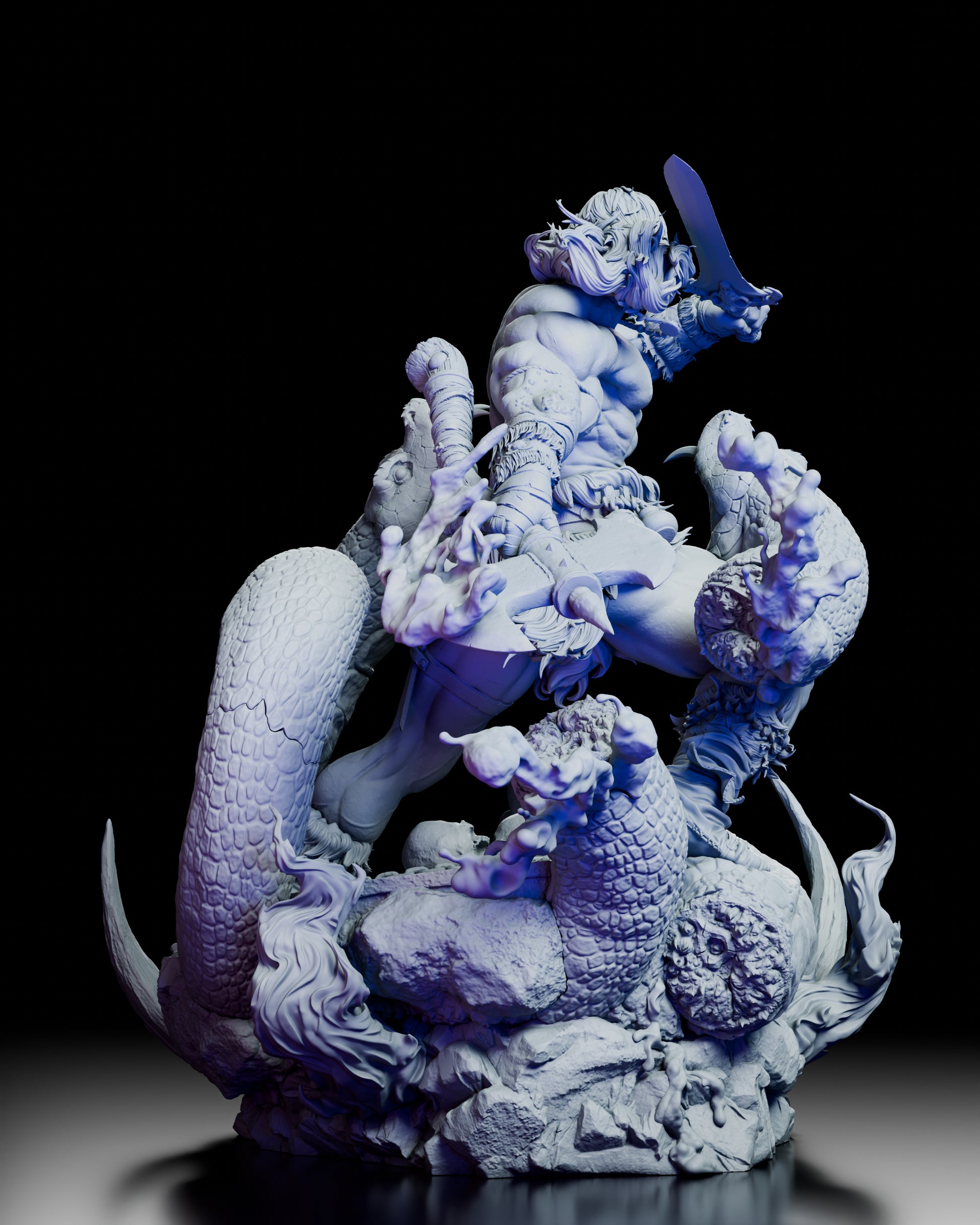 Rear view of Conan the Barbarian resin figure showcasing muscular back detail and coiled serpent bodies on the base