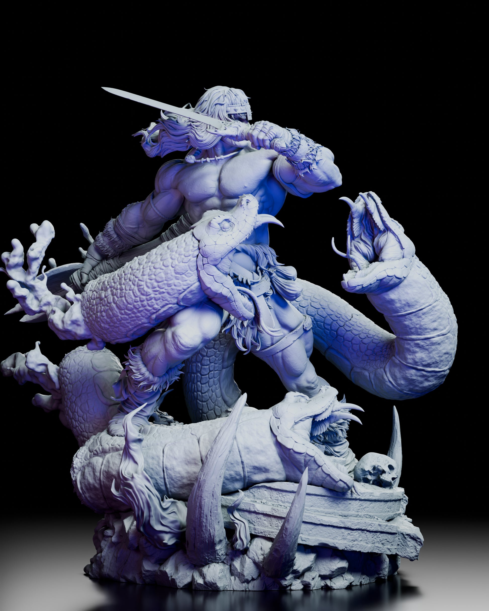 Right side view of Conan the Barbarian figure model highlighting serpent heads and layered battlefield base textures