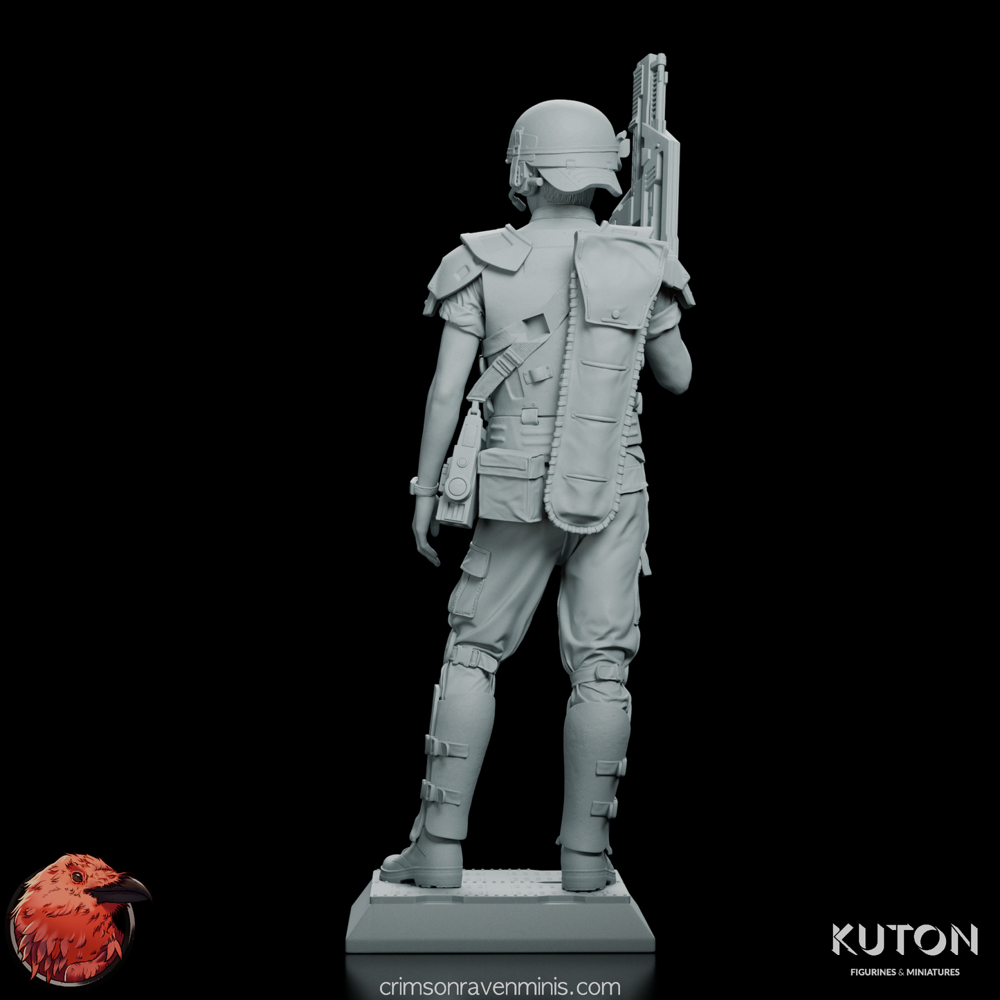 Dynamic angled view of Corporal Hicks Figure Model Kit with his signature pulse rifle.