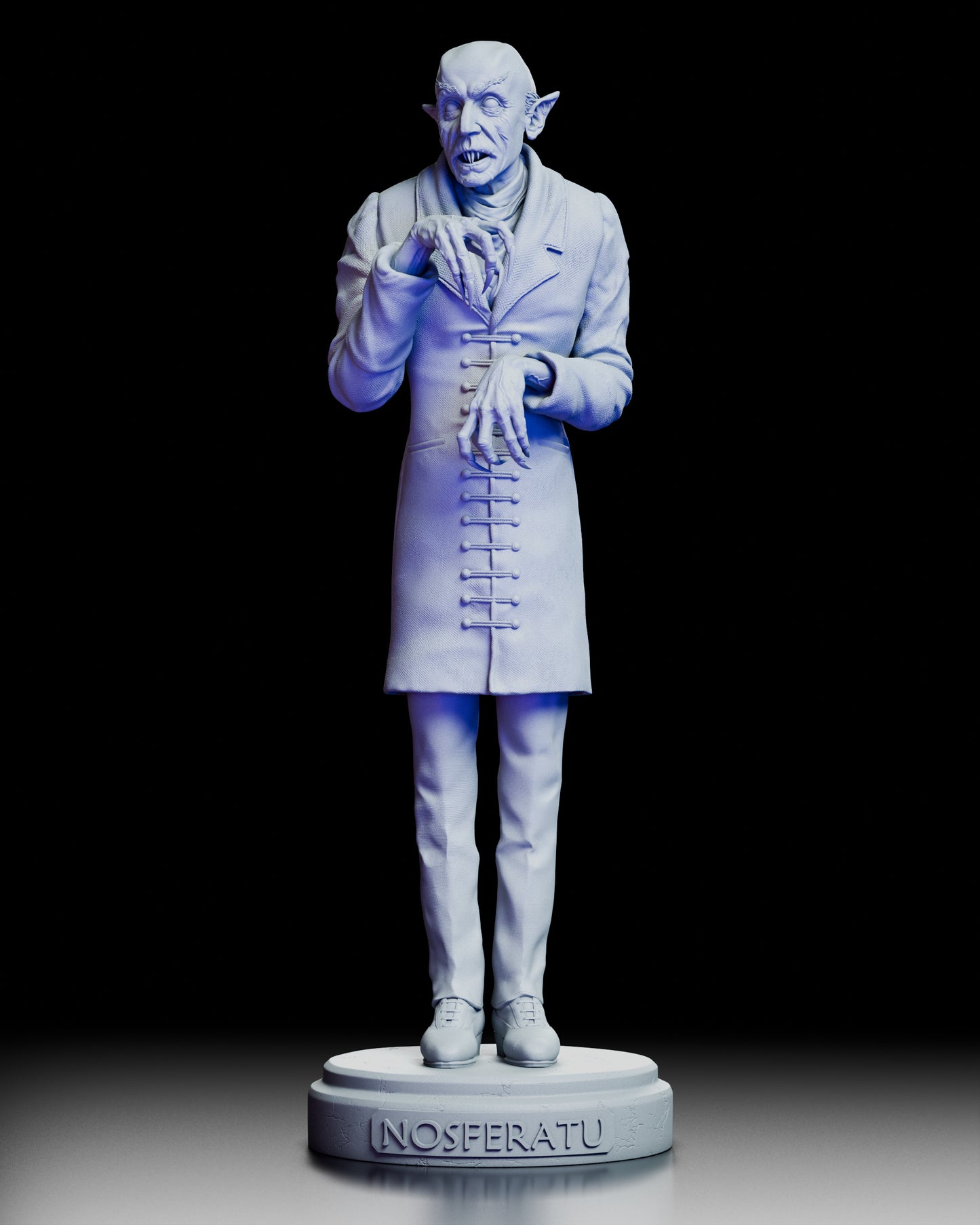 Front view of Nosferatu maquette showing Count Orlok with clawed hands and eerie expression on labeled base