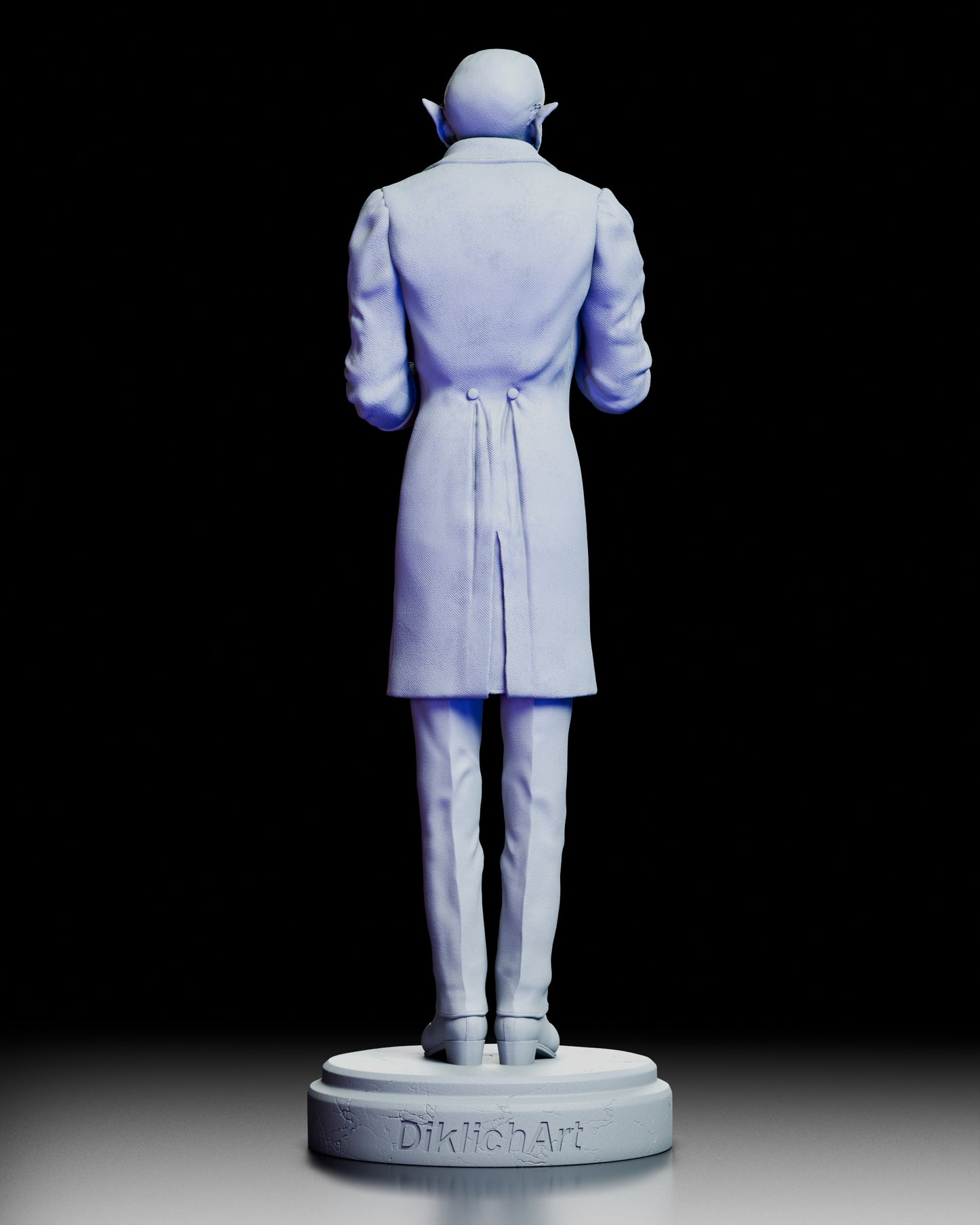 Back view of Count Orlok figure revealing coat seam details and posture with base marked Dicklich Art
