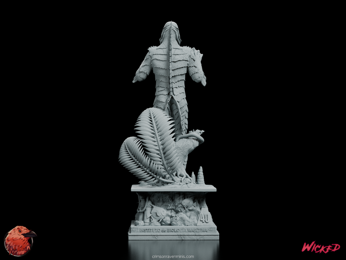 Back view of the Creature from the Black Lagoon figure model kit, revealing the intricate fins and environmental details on the base.