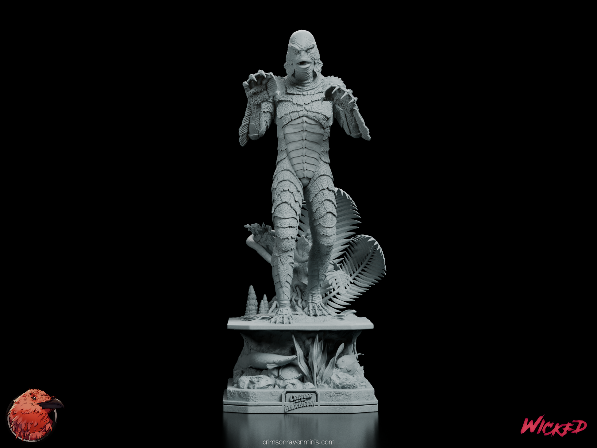 Front view of the Creature from the Black Lagoon figure model kit, showcasing intricate scale details and aquatic-themed base.