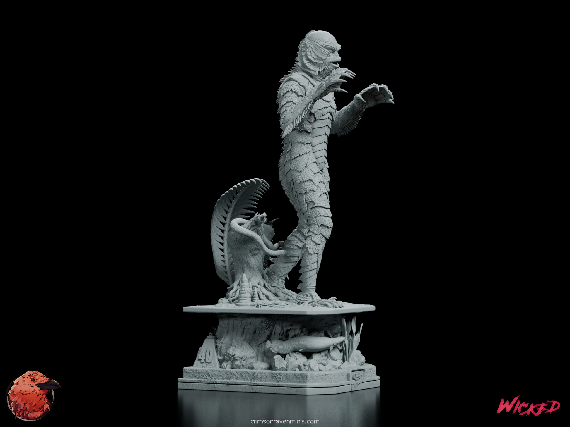 Side angle of the Creature from the Black Lagoon figure model kit, highlighting the textured skin and dynamic pose.