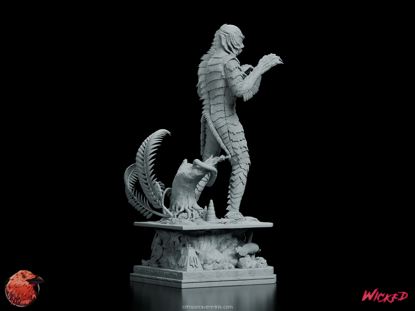 Side-back view of the Creature from the Black Lagoon figure model kit, emphasizing the detailed fins and base features.