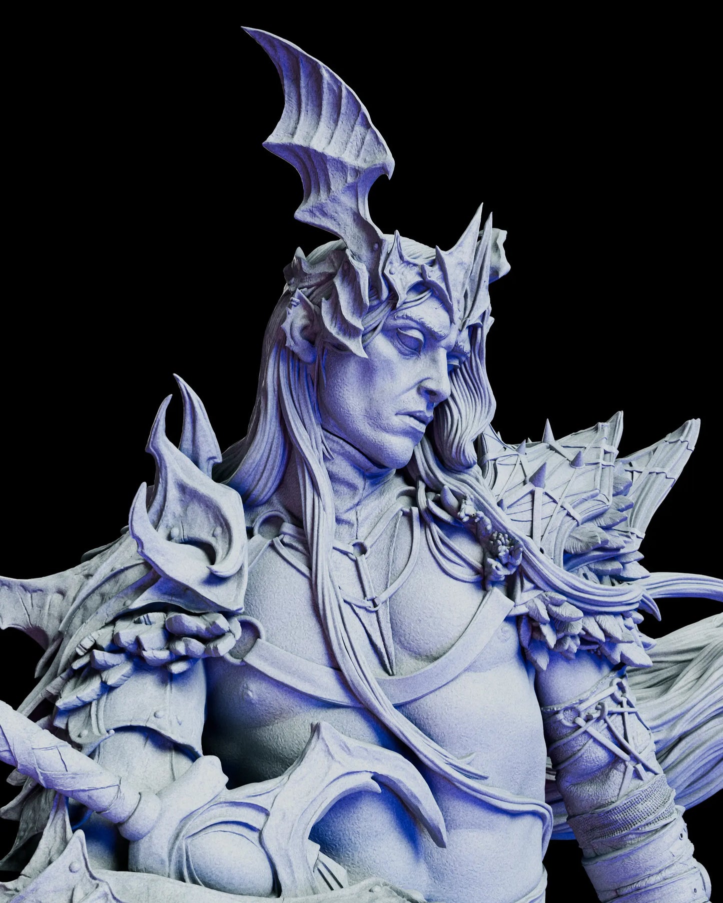 Close-up portrait of The Pale Sorcerer King crowned head option showing horned crown, elven features, and intricate facial detail