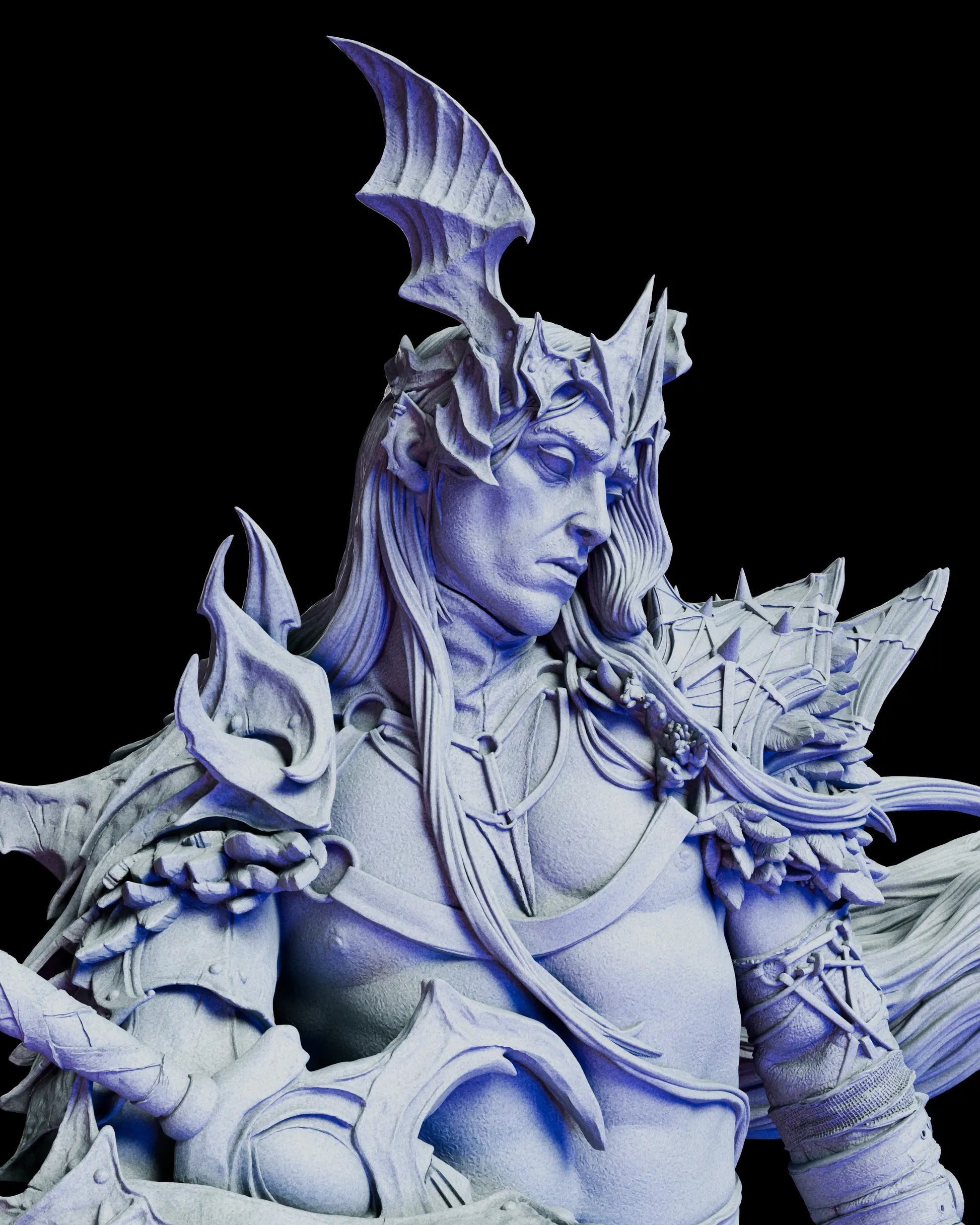 Close-up portrait of The Pale Sorcerer King crowned head option showing horned crown, elven features, and intricate facial detail