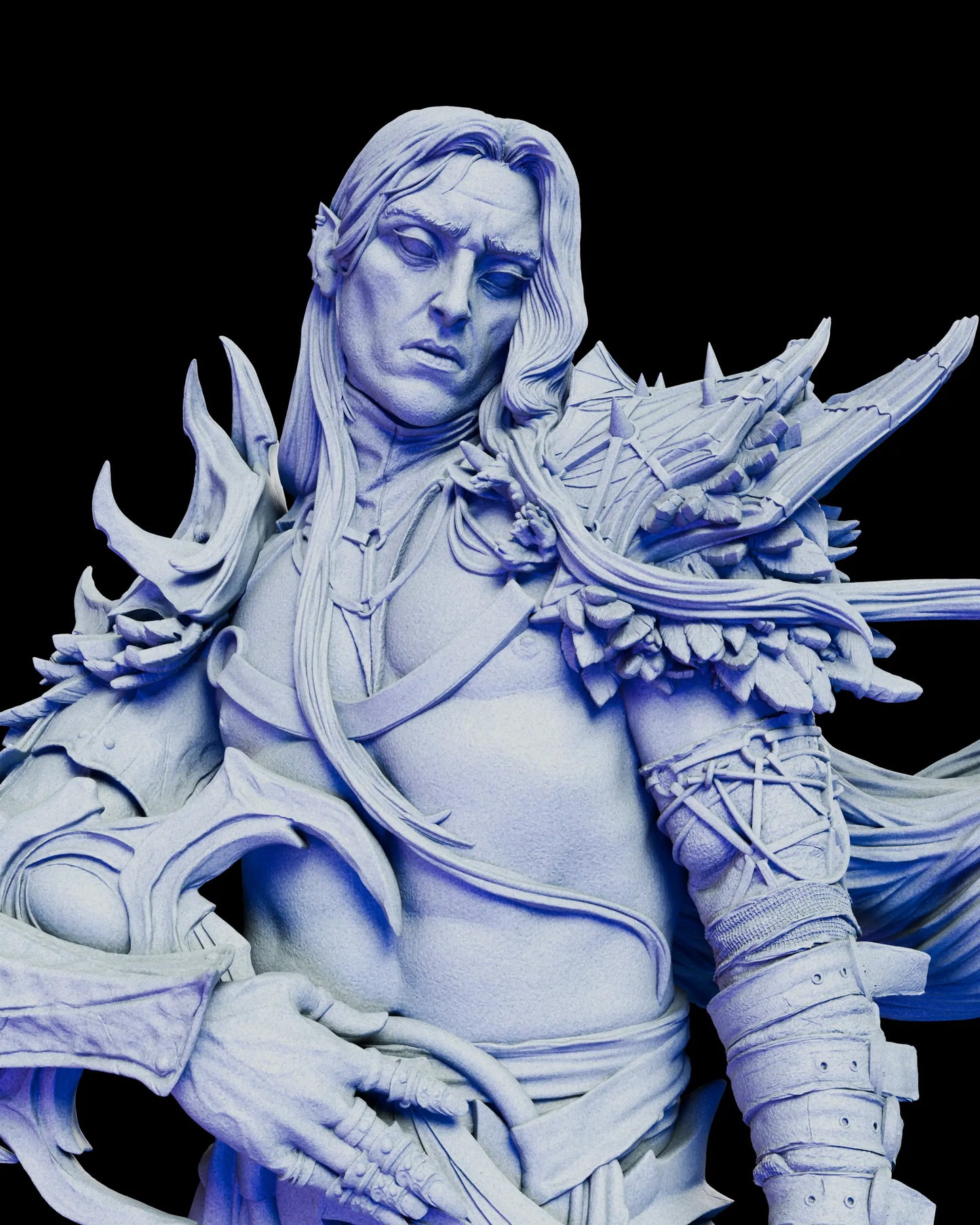 Close-up portrait of The Pale Sorcerer King crownless head option showing raw, haunted expression and long flowing hair