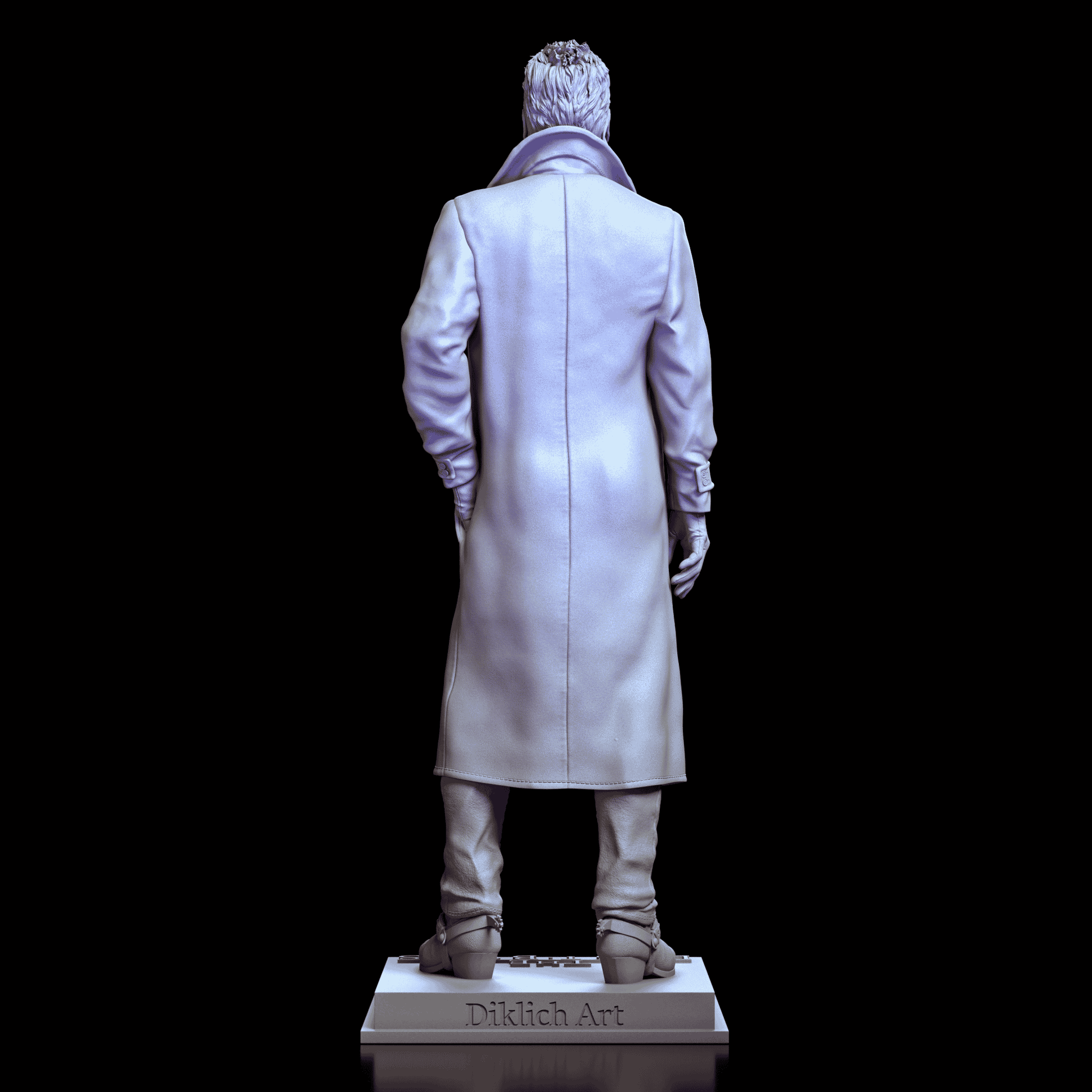 Rear view of the David maquette by Diklich Art highlighting the long trench coat details and textured hair sculpt.