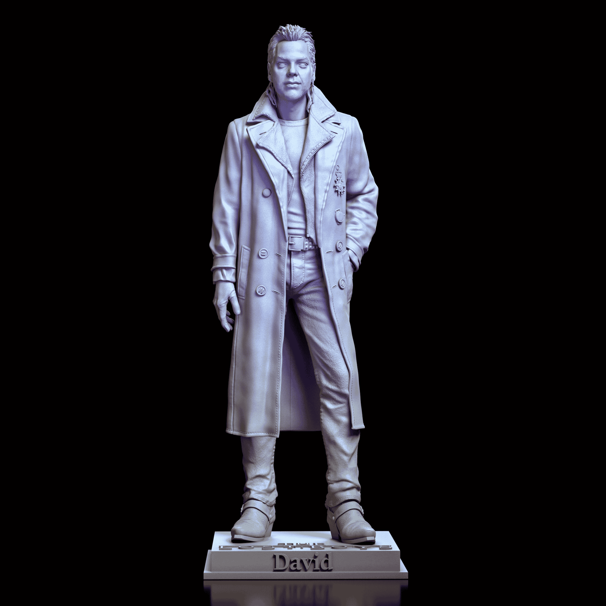 Front view of the David maquette by Diklich Art showing his hands-in-pockets stance, long coat, and detailed facial features.