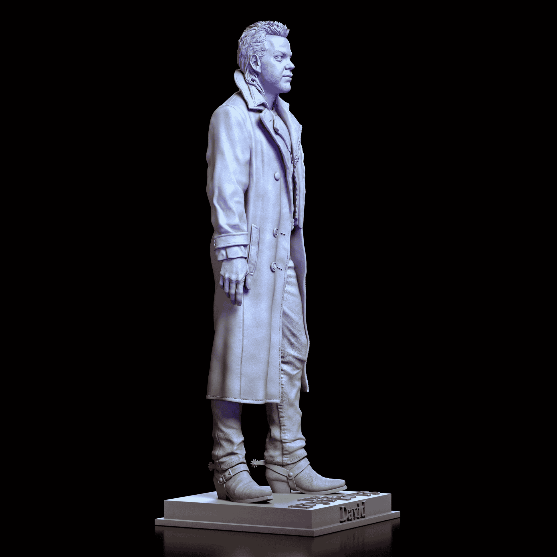 Right side profile of the David maquette by Diklich Art showcasing the dynamic pose, hand in pocket, and realistic folds in clothing.